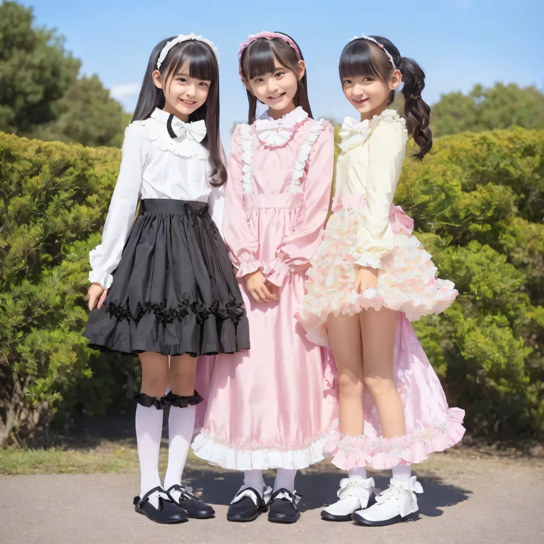 ((  Distant Scenery,full body,standing:1.2)),Highest Quality, masterpiece, highest resolution, Artwork, super それにget used to it, many get used to it, get used to it, それにget used to it, 3k photos,,Three noble women sit indoors across the street,. ((10 year old Japanese girl,dark haired)),Get used to a super thin young face,lovely smile,baby-like face,ultra high resolution,  complicated details,  Back hair tied with a ribbon,smile,Pastel-colored silk satin dress adorned in a lovely way with ruffles and bows, （round large ruffle collar,bow tie,long sleeve,   ruffle sleeve   ,white ruffle blouse,Ruffle placket,  ruffles are cute   ,frill skirt,Very Elaborate Costume:1.3),(medium skirt,short balloon skirt)),long black socks with ruffles,black loafers,small breasts,detailed background,