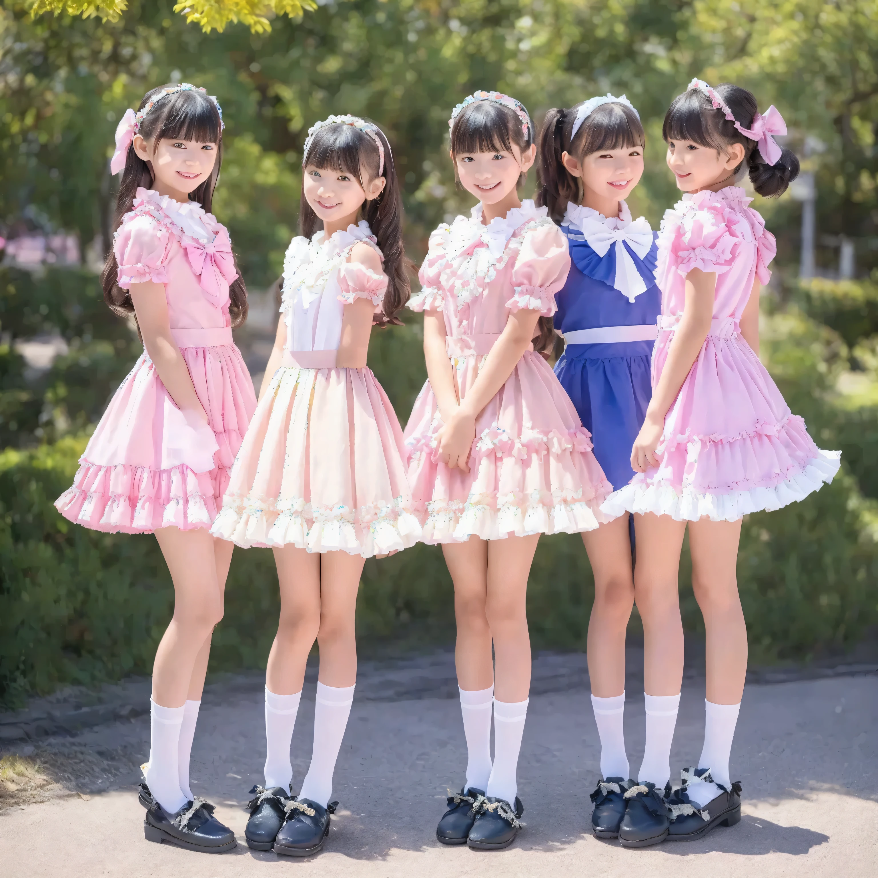 ((  Distant Scenery,full body,standing:1.2)),Highest Quality, masterpiece, highest resolution, Artwork, super それにget used to it, many get used to it, get used to it, それにget used to it, 3k photos,,Three noble women sit indoors across the street,. ((10 year old Japanese girl,dark haired)),Get used to a super thin young face,lovely smile,baby-like face,ultra high resolution,  complicated details,  Back hair tied with a ribbon,smile,Pastel-colored silk satin dress adorned in a lovely way with ruffles and bows, （round large ruffle collar,bow tie,long sleeve,   ruffle sleeve   ,white ruffle blouse,Ruffle placket,  ruffles are cute   ,frill skirt,Very Elaborate Costume:1.3),(medium skirt,short balloon skirt)),long black socks with ruffles,black loafers,small breasts,detailed background,