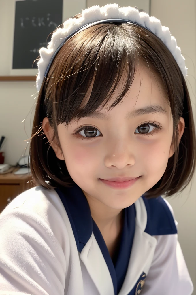 Japanese,6 years old,Baby Face、Ultra-flat 、Ultra short height、An innocent smile、Flat のクローズアップ、Flat :1.85、cute,Primary school students,White collared pajamas、So small and so young、On the bed:1.85、She gives me good morning kisses:1.85、She spread her arms