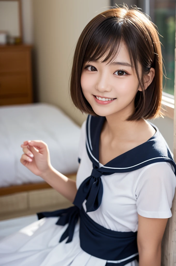 One girl, Fluffy short hair,Black Hair,smile,Inside the room, border,Sailor suit,Bed,Sit down,Innocence,Junior high school freshman,Look here,Close-up of a small valley in the chest,, (masterpiece, Highest quality), Soft Light, Structure of the film, Like a movie