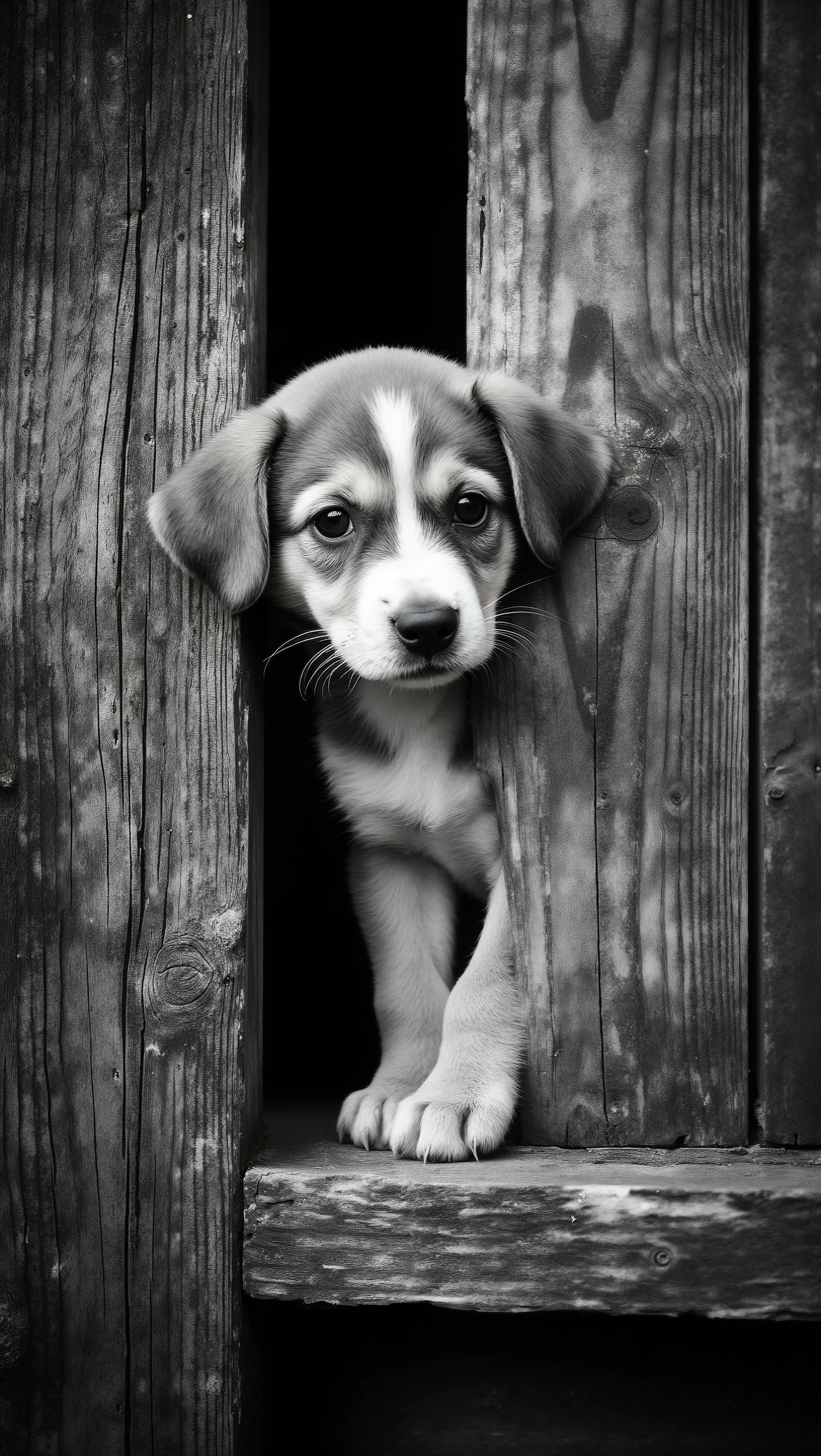 A curious puppy peers through the narrow opening between two wooden planks, its eyes wide with intrigue. The delicate puppy fur contrasts against the dark, weathered wood, accentuating the puppy's youthful innocence. Its small paws are delicately positioned on the ledge, creating an impression of cautious exploration. The monochrome setting adds a timeless quality, emphasizing texture and light. The wood's grain is captured in fine detail, providing a sense of rustic ambience. The puppy exudes a sense of wonder as it gazes outward, evoking a mood of gentle curiosity and adventure. The interplay of soft fur and robust wood creates a harmonious balance in the composition, making the scene both endearing and contemplative.