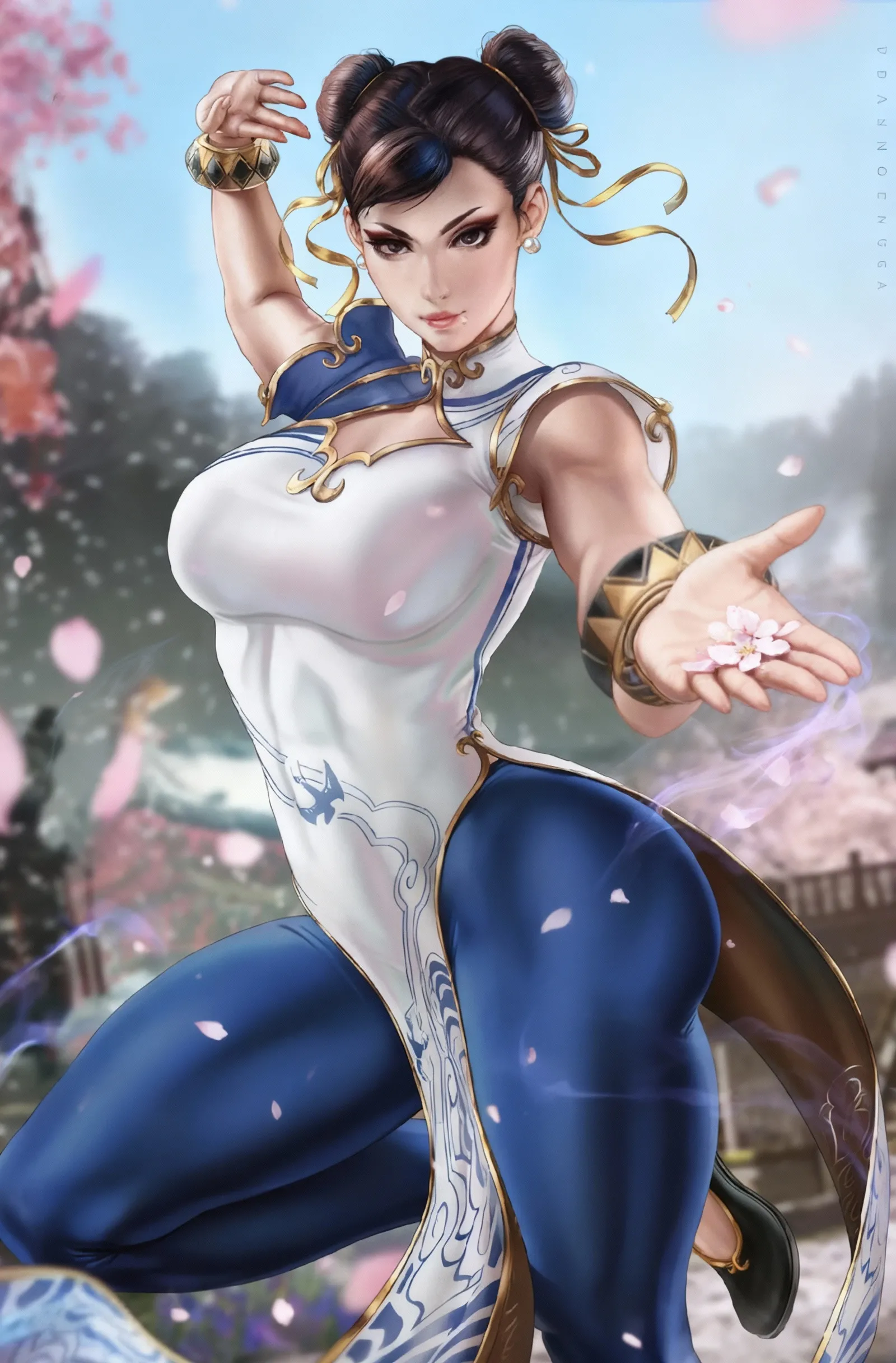 Chunli,  Brown Hair, Brown eyes, Double good,  Good cover,   Stud earrings, 
Chinese clothing, spike bracelet,  Blue long pelvic curtain,  sash,  pantyhose,  Muscular thighs, Thick thighs,   Posterior pelvic curtain, 
Are standing,   smile,  Cowboy Shot, 
street,  morning,  
(Very detailed, Beautifully detailed face, Beautiful fine details, masterpiece, highest quality),alone, whole body,White knee-length lace-up boots