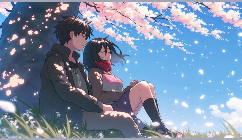 a beautiful home, a boy and girl sitting on the mountain watching the sunset, mountains, flowers, sunset, sunny, couple short clothes, big hips, moody color, anime style, sharpness