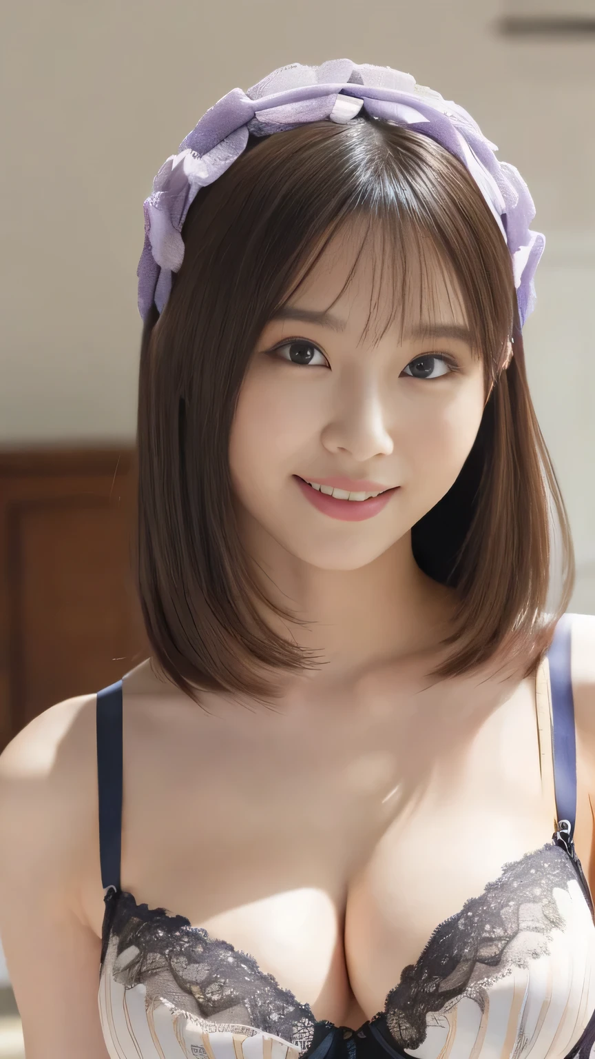 Matthew Peace, Highest Quality, Super Detailed, detail, high resolution, 8K Wallpaper, beautiful eyes, ( big symmetrical eyes:1.3),Very complicated、high resolution、
( full body image in underwear, A masterpiece that heals the public , Highest Quality , very detailed , detailed face , 8k),,( face like a baby 、bang、 Uncontrollable hair、 innocent and funny expressions 、Perfect Smile、 、( big boobs)、 hair accessories 、Living room with a standing roof、camera)( Beautiful bra ,, )( long bob hair、) ( wonderful、 Striped Underwear、mature、sexy age) Sharp Concentration 、 And high-precision 、 front map、 I'm wearing a black bra