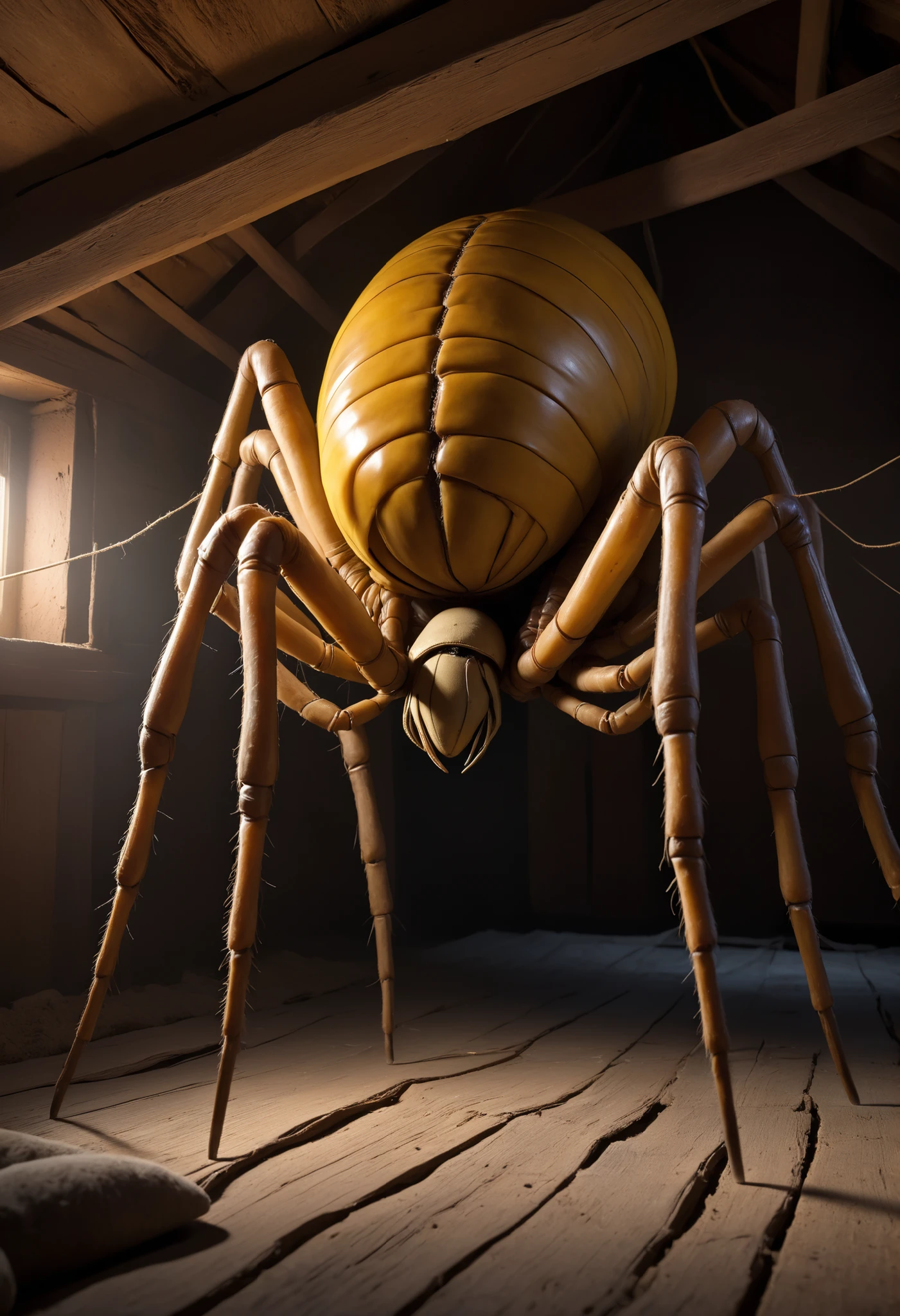photorealistic best quality photo, ultra detailed, ATTIC , april o'neil висит в паутине mummified, cocoon, big spider mutant long spider legs and horse-spider and beautiful girl, desperate wrestling , A tangled , despair ,cocoon