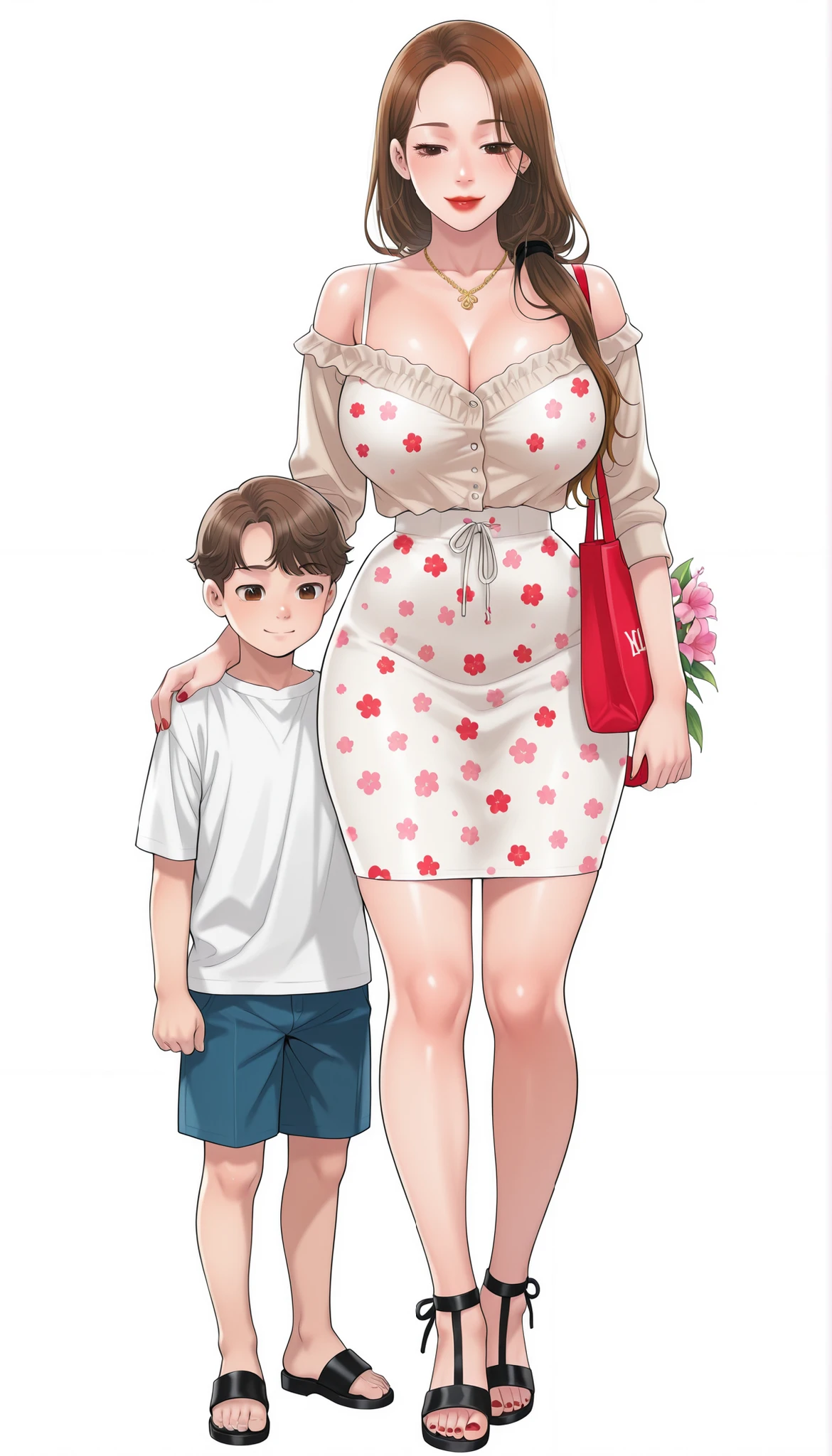 Yumi (New Town), a beautiful extremely sexy woman with long honey-med brown hair, brown eyes, bimbo plump round bright-red lips, red nails, extremely fair white glowy skin, and big breasts. She's wearing a revealing mini short thin-fitting tight white dress with pink flower patterns and spaghetti straps and a V-neckline, a separate front-open unbuttoned baggy beige cardigan worn in an off-shoulder style over the dress, one ribbon tied in her hair, a gold necklace, full bare legs, and strappy ankle tall black sandals. She's standing straight, gently holding her little full-clothed son's hand, carrying one strappy tote bag on one shoulder, narrowed eyes, soft smile, slightly looking down at her son, and a plain white empty background. Show her full body head to sandals, proper middle-waist level view, and super creative hyper-detailed.