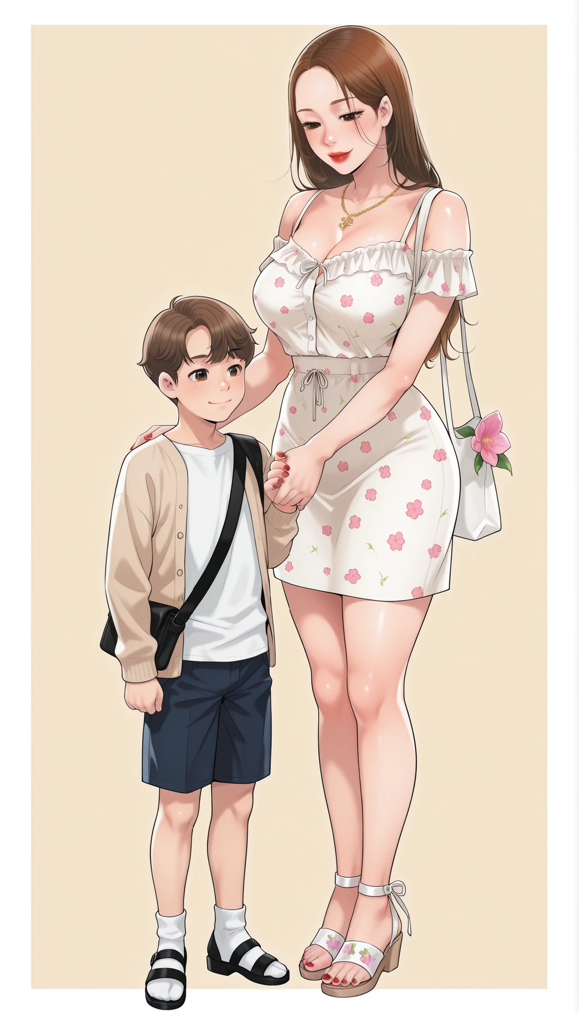 Yumi (New Town), a beautiful extremely sexy woman with long honey-med brown hair, brown eyes, bimbo plump round bright-red lips, red nails, extremely fair white glowy skin, and big breasts. She's wearing a revealing mini short thin-fitting tight white dress with pink flower patterns and spaghetti straps and a V-neckline, a separate front-open unbuttoned baggy beige cardigan worn in an off-shoulder style over the dress, one ribbon tied in her hair, a gold necklace, full bare legs, and strappy ankle tall black sandals. She's standing straight, gently holding her little full-clothed son's hand, carrying one strappy tote bag on one shoulder, narrowed eyes, soft smile, slightly looking down at her son, and a plain white empty background. Show her full body head to sandals, proper middle-waist level view, and super creative hyper-detailed.