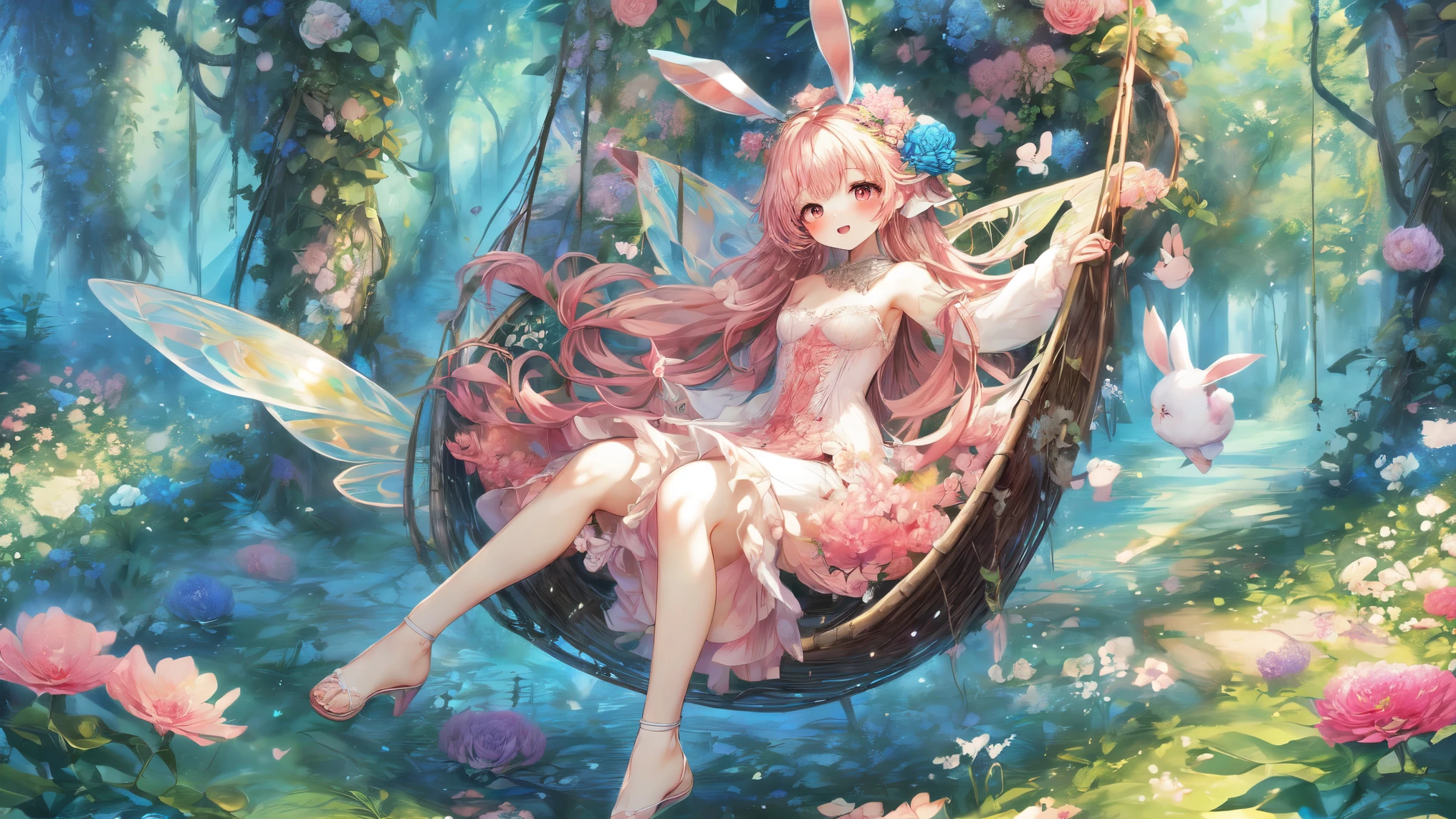 (Highest Quality, Super Detailed:1.5), 8k,(one girl), (Elf Girl with Rabbit Ears:1.5),Platinum Blonde Hair, very long hair, round eyes,(Rabbit Ears Grow:1.5), (  RED Beautiful Eyes  :1.5), full body, raise arms back, small breasts,(Beautiful Vines and Flowers々I'm playing with a fairy that looks like a rabbit:1.5),(   beautiful flowers   々Each tree is in full bloom:1.5), (Beautiful Fantastic Forest in the Background:1.5), (long sleeve white and pink ruffle collar mini dress:1.5), (I'm sitting in a hammock。The hammock shakes :1.5),(A girl holding a biologically accurate rabbit:1.5),

