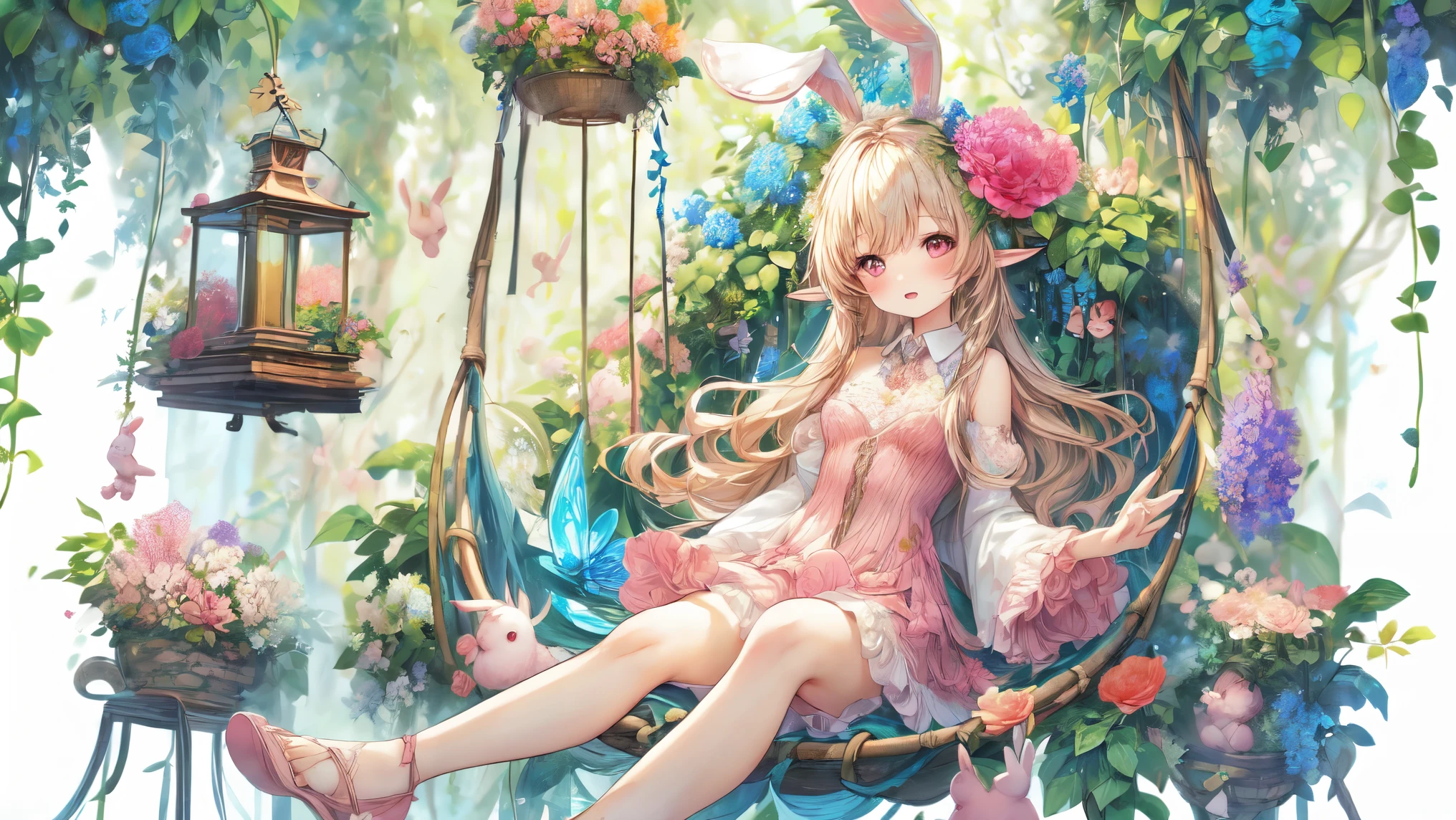 (Highest Quality, Super Detailed:1.5), 8k,(one girl), (Elf Girl with Rabbit Ears:1.5),Platinum Blonde Hair, very long hair, round eyes,(Rabbit Ears Grow:1.5), ( RED Beautiful Eyes :1.5), full body, lifting arms back, small breasts,(Beautiful Vines and Flowers々I'm playing with fairies like rabbits:1.5),(  beautiful flowers  々of each tree is in full bloom:1.5), (Beautiful Fantastic Forest in the Background:1.5), (long sleeve white and pink ruffle collar mini dress:1.5), (I'm sitting in a hammock。The hammock swings :1.5),(Girl holding a biologically accurate rabbit:1.5),

