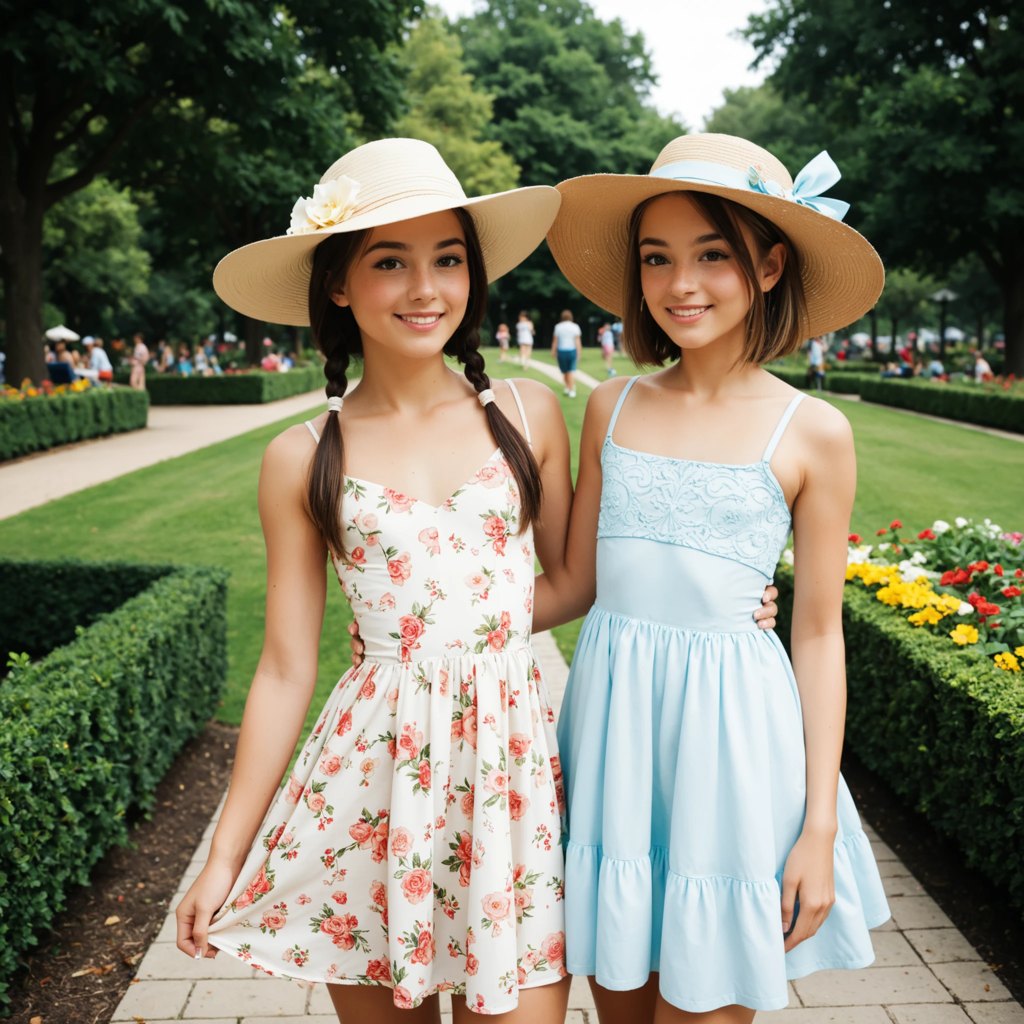 Three flat-chested females in low-cut summer dresses are strolling through the park. One is wearing a hat.