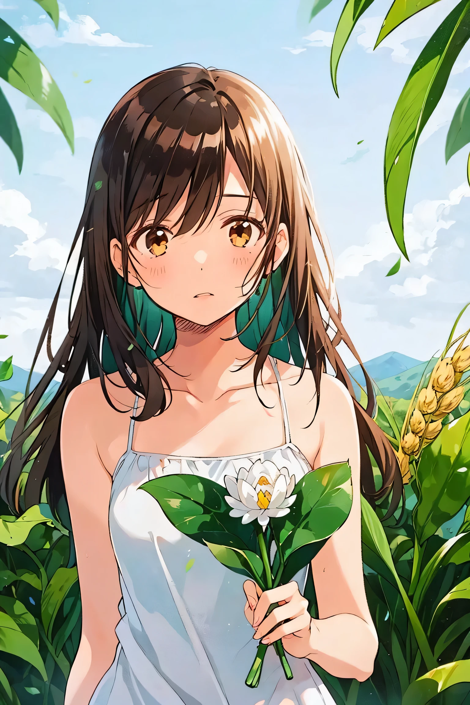 girl,bamboo,bangs,bare arms,bare shoulders,black hair,blush,branch,brown eyes,brown hair,collarbone,dress,flower,flower pot,grass,green wings,holding,holding leaf,ivy,jungle,ladybug,leaf,lily \(flower\),lily of the valley,lily pad,long hair,morning glory,palm leaf,palm tree,parted lips,plant,potted plant,seaweed,sleeveless,sleeveless dress,solo,sundress,tanabata,tanzaku,tulip,upper body,vines,wheat,white dress