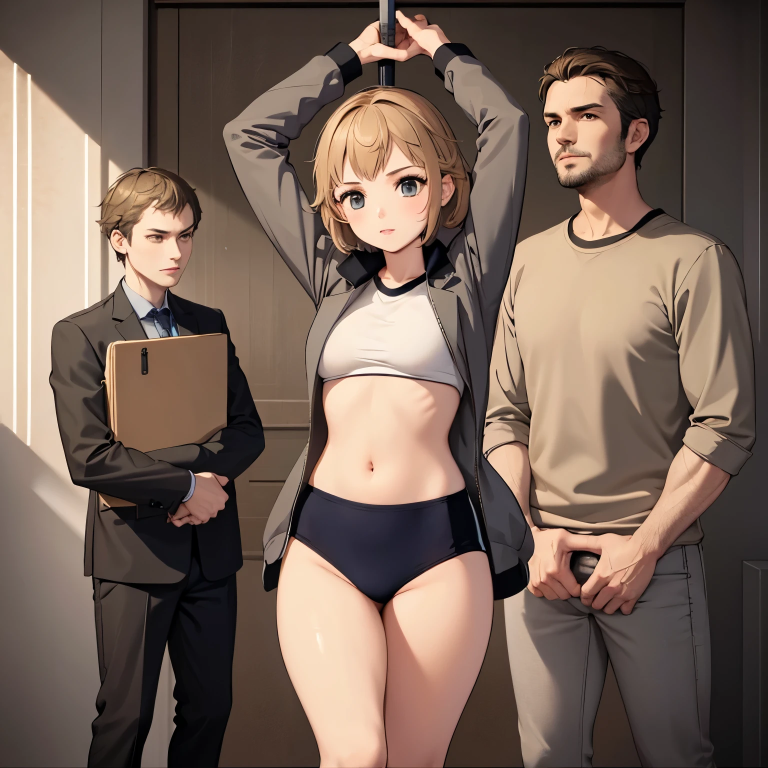 1girl wearing a black gymnastics bloomers,2boys in business suit, (sandwiched:1.1), masterpiece, best quality, highly detailed ,sword,armor,standing