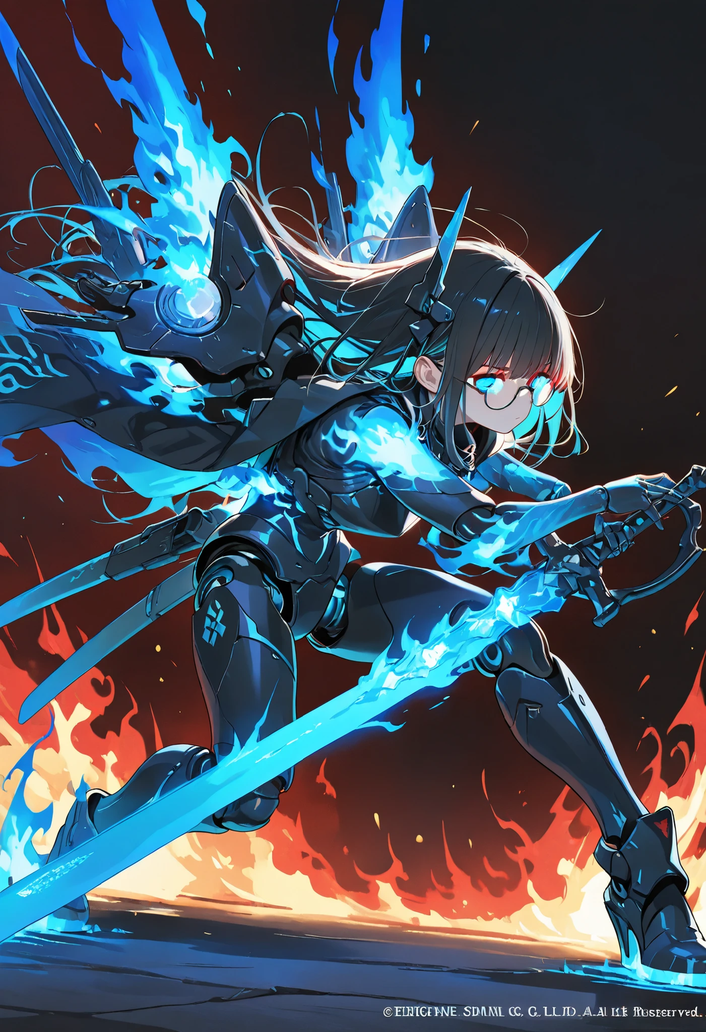 
(masterpiece, Highest Quality), (very detailed, Highest Quality, Official Art,  beautiful、sophisticated: 1.2), Female 1 , armor, sword, red glowing eyes , black hair , turquoise colored inner hair , engulfed in flames、headgear, full body, combat stance、glasses, ((Blue flames shining from shoulders, elbows, and knee joints)), Exoskeleton , 