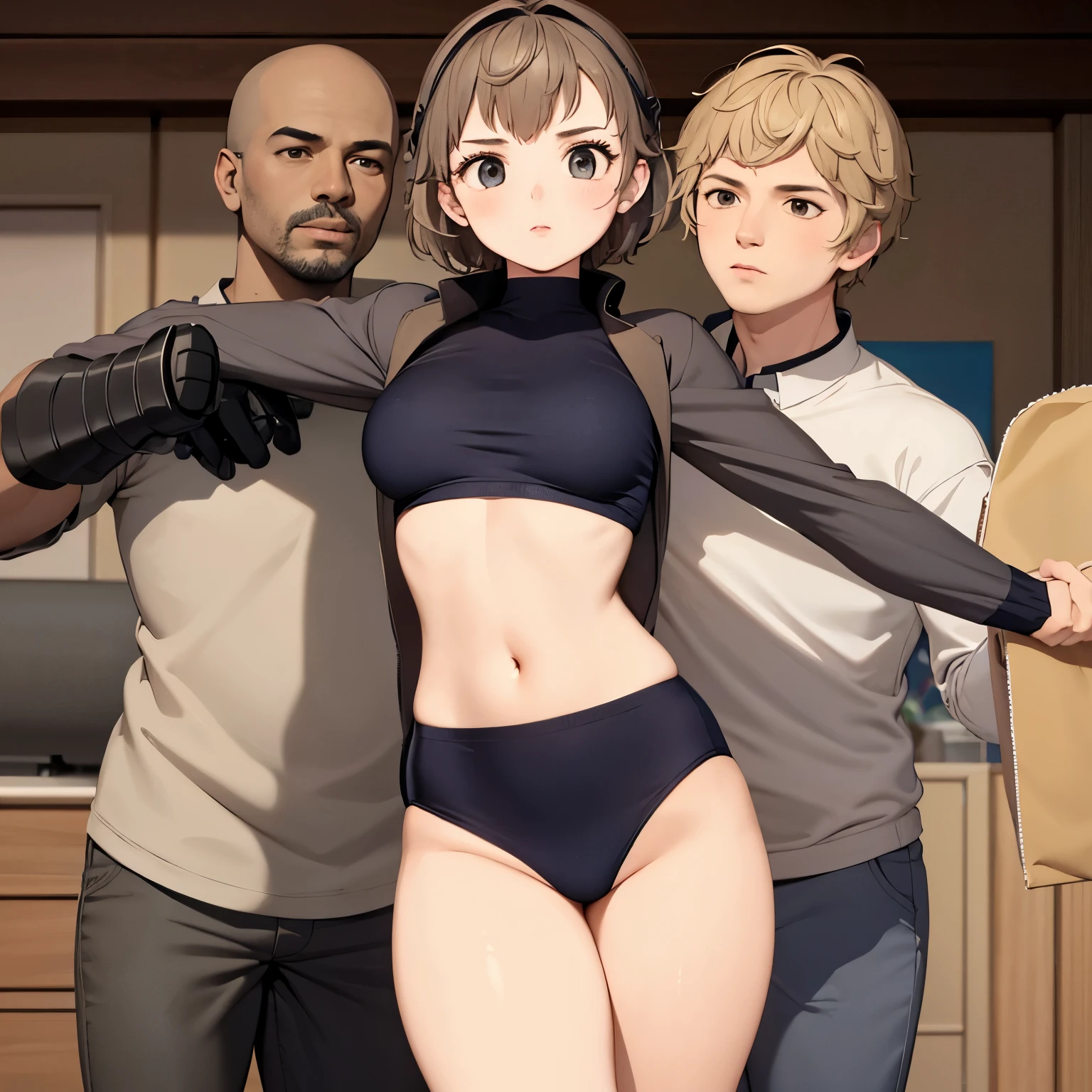 1girl wearing a black gymnastics bloomers,2boys in business suit, (sandwiched:1.1), masterpiece, best quality, highly detailed ,sword,armor,standing