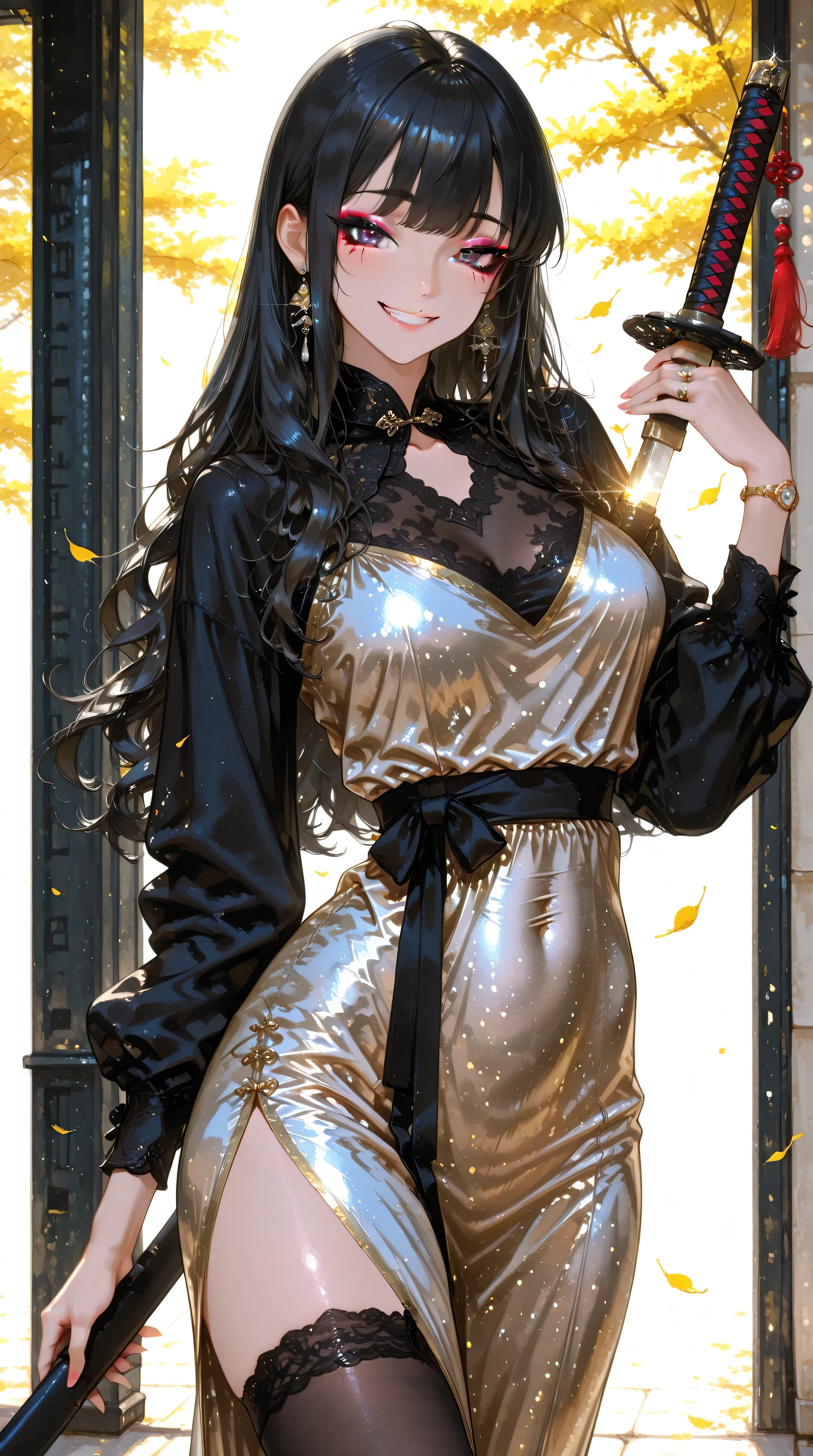Girl with long wavy black hair, Cara muy bonita, with little makeup, motivating smile, playing with a katana, in a tight and  oriental dress.