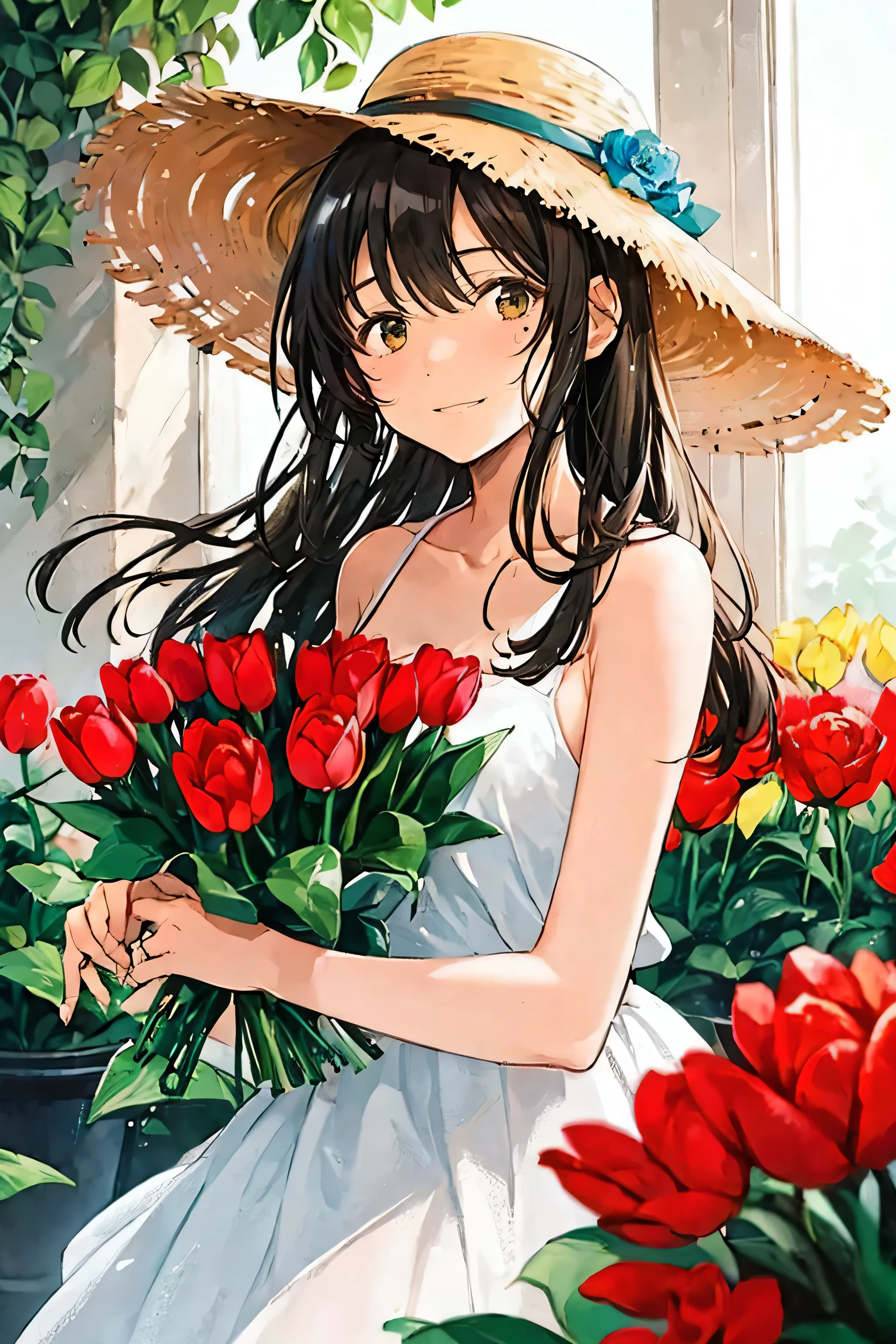 1girl,bangs,bare arms,bare shoulders,breasts,brown eyes,brown hair,collarbone,dress,flower,flower field,hat,ivy,leaf,long hair,looking at viewer,pink flower,pink rose,plant,potted plant,purple flower,red rose,rose,sleeveless,sleeveless dress,smile,solo,sun hat,sundress,tulip,vines,white dress,yellow dress,yellow flower
