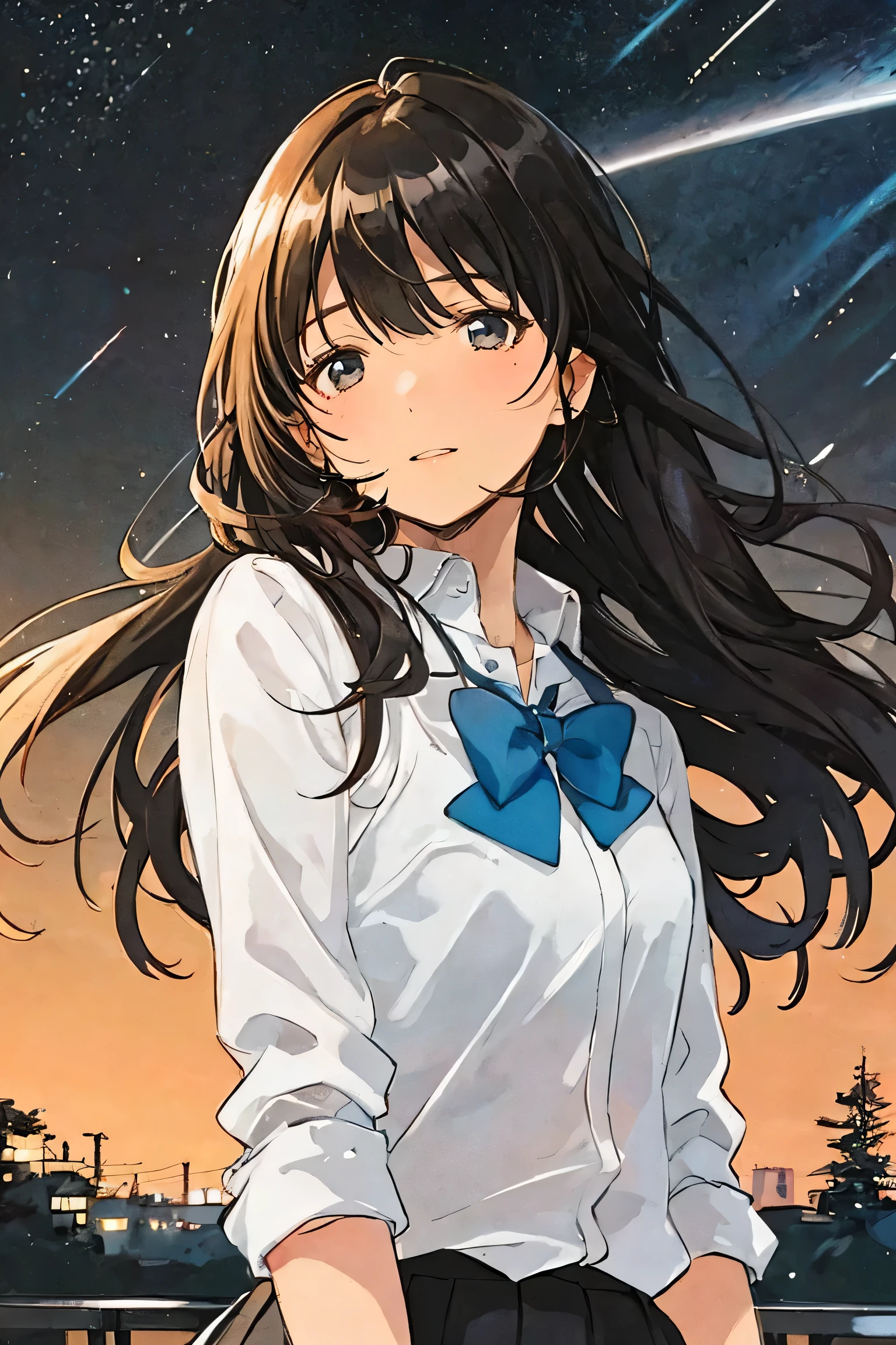 1girl,bangs,black hair,black jacket,blue bow,blue bowtie,blue necktie,blue neckwear,bow,bowtie,brown eyes,collared shirt,constellation,dress shirt,eyebrows visible through hair,flower,jacket,long hair,looking at viewer,night,night sky,outdoors,parted lips,rain,school uniform,shirt,shooting star,sketch,sky,solo,sparkle,star \(sky\),starry sky,striped bow,upper body,white shirt