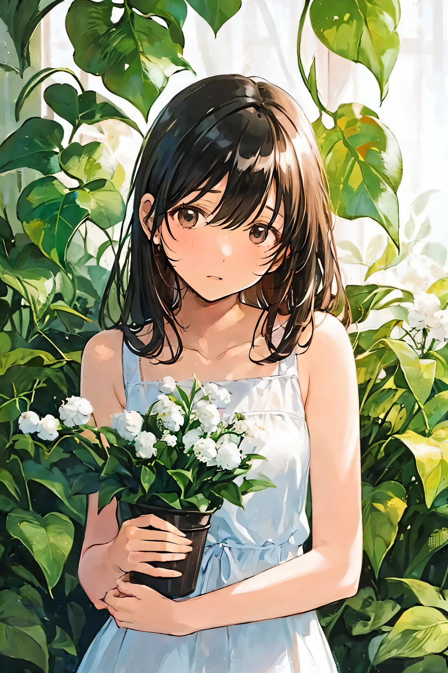 girl,bamboo,bangs,bare arms,bare shoulders,black hair,blush,branch,brown eyes,brown hair,collarbone,dress,flower,flower pot,grass,green wings,holding,holding leaf,ivy,jungle,ladybug,leaf,lily \(flower\),lily of the valley,lily pad,long hair,morning glory,palm leaf,palm tree,parted lips,plant,potted plant,seaweed,sleeveless,sleeveless dress,solo,sundress,tanabata,tanzaku,tulip,upper body,vines,wheat,white dress
