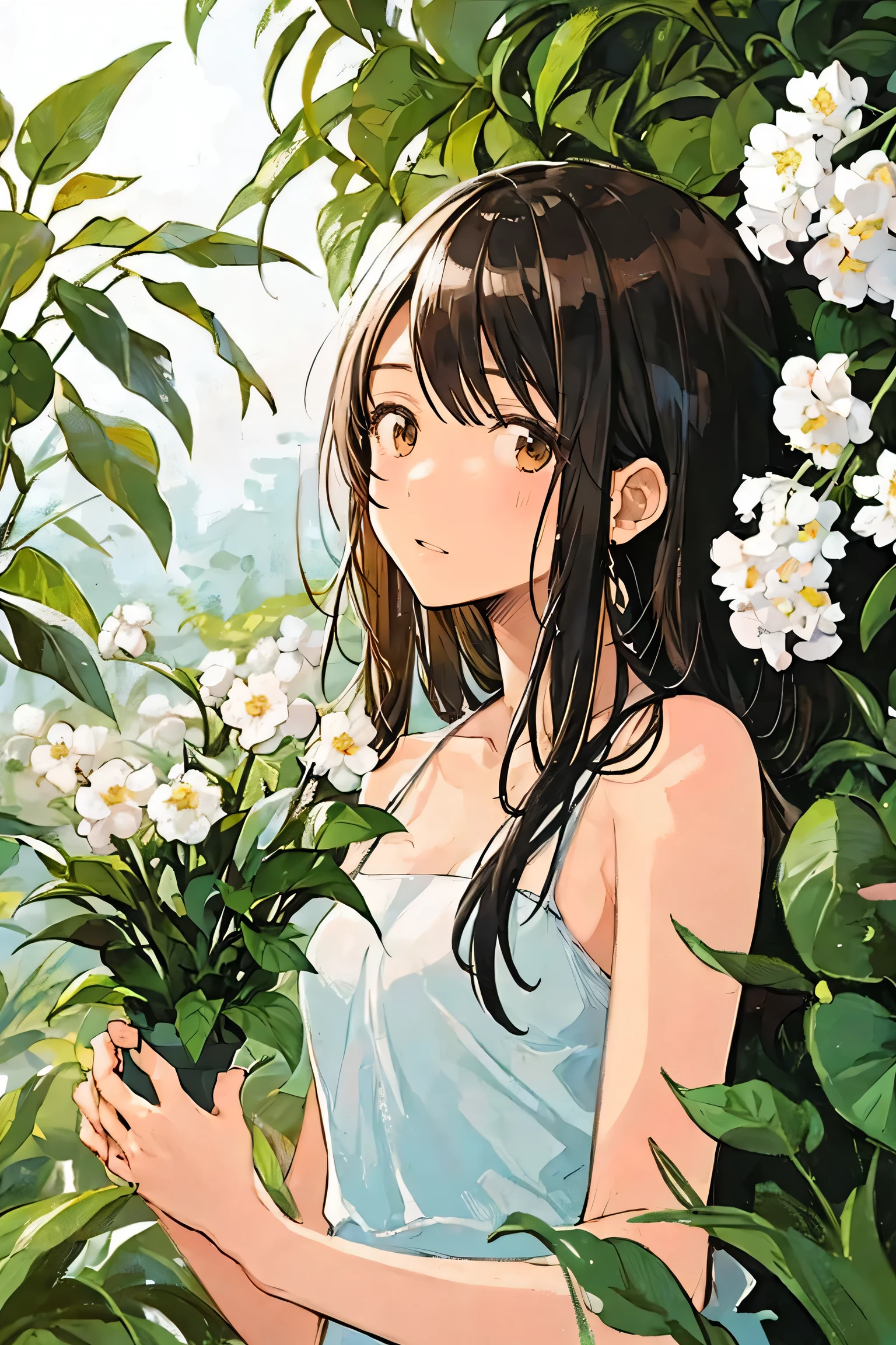 girl,bamboo,bangs,bare arms,bare shoulders,black hair,blush,branch,brown eyes,brown hair,collarbone,dress,flower,flower pot,grass,green wings,holding,holding leaf,ivy,jungle,ladybug,leaf,lily \(flower\),lily of the valley,lily pad,long hair,morning glory,palm leaf,palm tree,parted lips,plant,potted plant,seaweed,sleeveless,sleeveless dress,solo,sundress,tanabata,tanzaku,tulip,upper body,vines,wheat,white dress