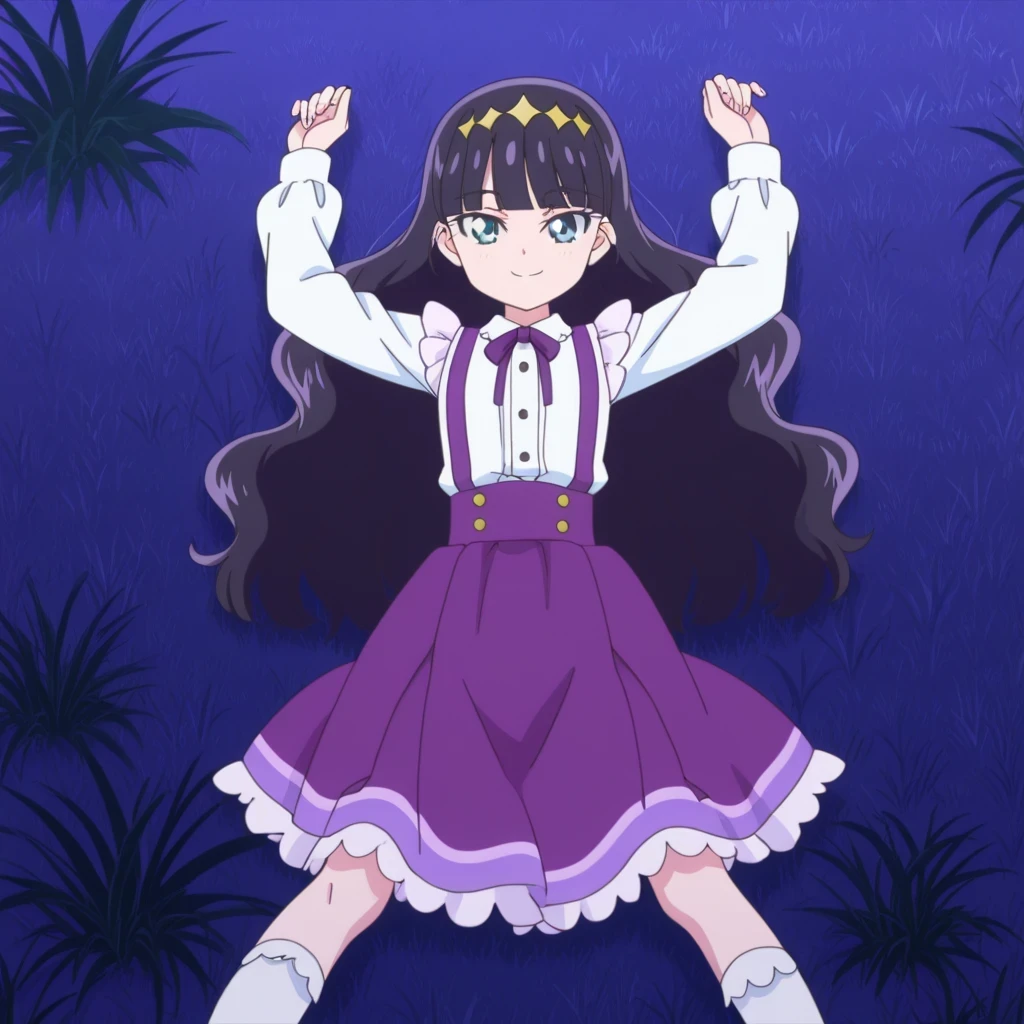 Amane, dark violet hair, long_hair, wavy hair blue_eyes, hair_ornaments, small_breasts, blunt bangs, anime screencap, white shirt, purple skirt, suspenders, high quality, solo, lying, on back, arms up, , closed mouth, grass, full body, medium shot, looking at viewer, smile, best quality,