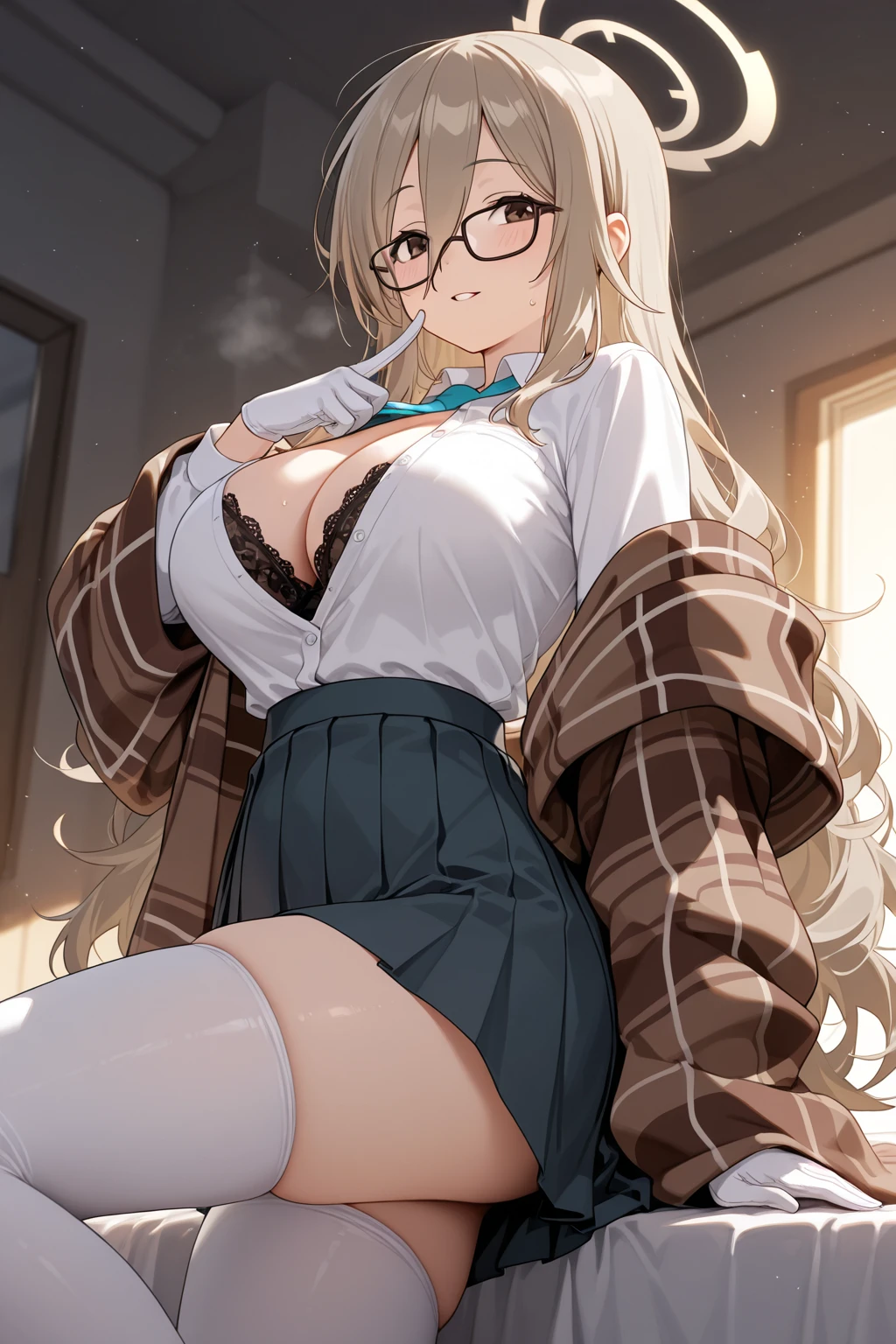 anime girl, long hair, busty, wearing eyeglasses, white coat, blood on skirt, sticking out tongue in a flirty way, HD, ultra detailed, Blurry Foreground, masterpiece , best quality