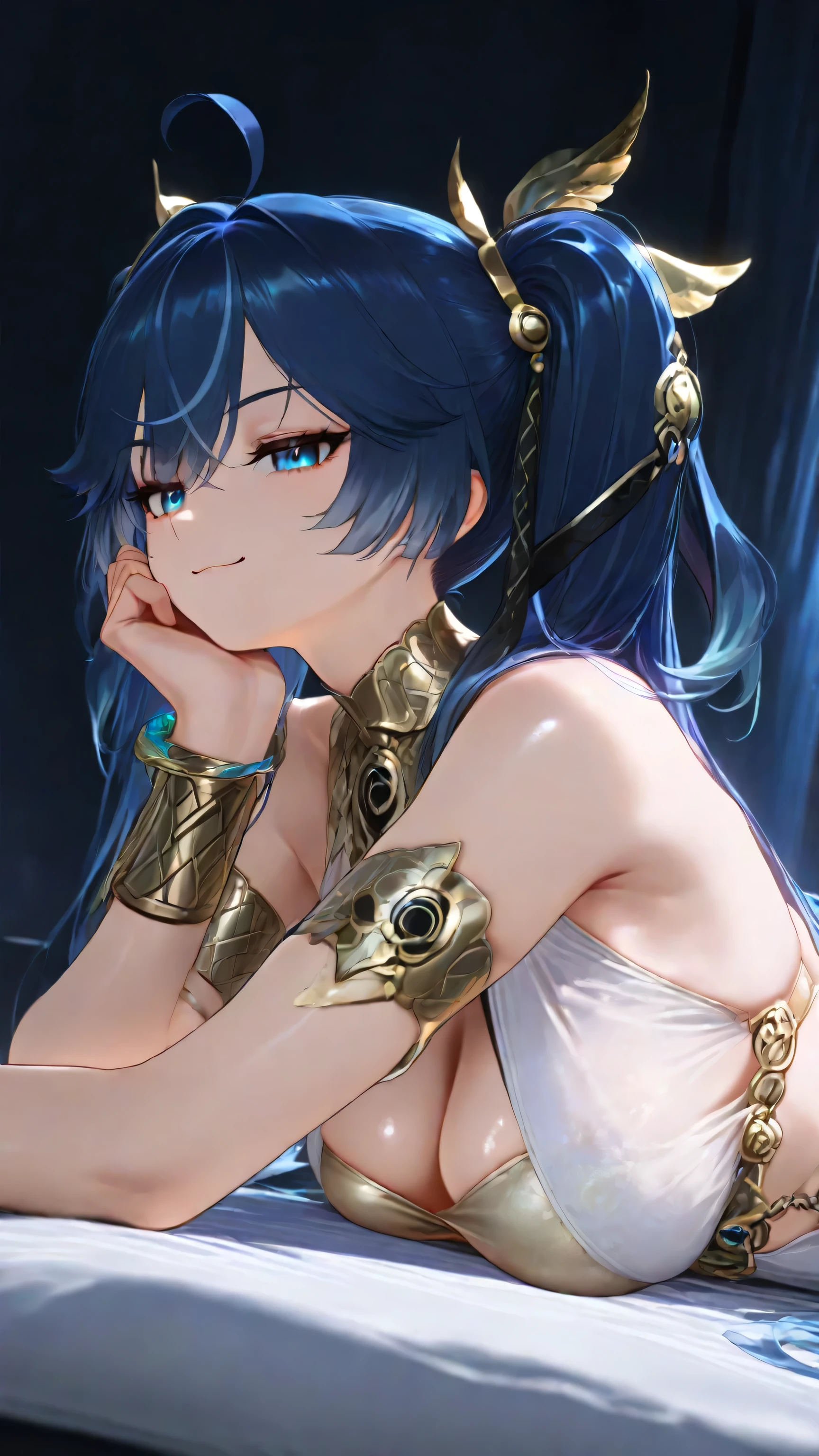 Masterpiece, best quality, amazing quality, anatomically correct, 1girl, solo, iuno, beautiful face, perfect body, blue eyes, dark blue hair, twintails, long hair, breasts, white dress, bare shoulders, ahoge, gold hair ornaments, single detachable sleeve, gold bracelets, golden armlets, cleavage cutout, golden bandeau, breast press, ((lying)), on stomach, head rest, looking at viewer, jitome smile, solo, dark, profile, sidelighting, shiny skin, 
