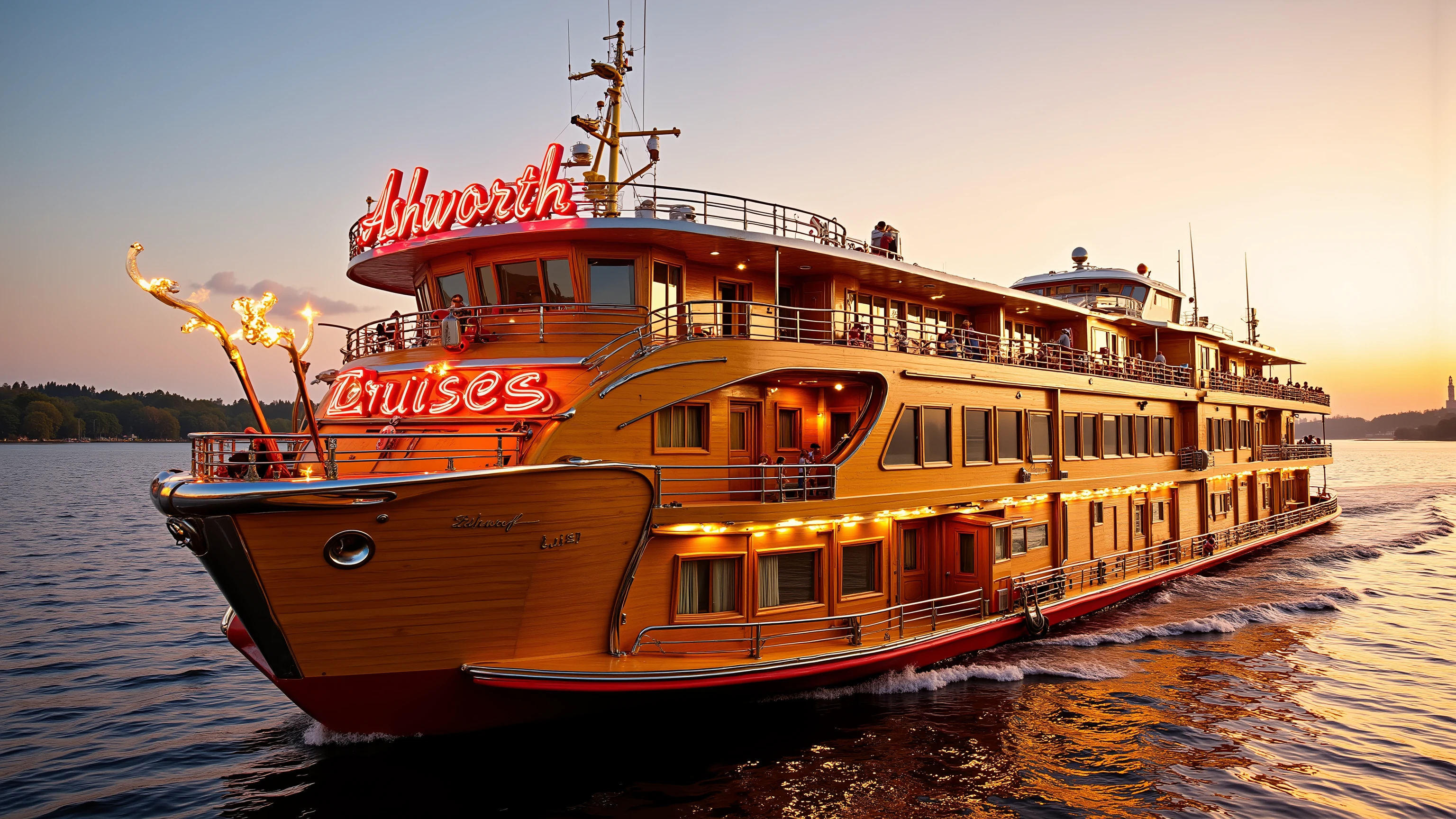 a wide screen image of a river cruise ship made from gleaming chrome with all wooden surfaces painted yellow and red, the photograph is taken at a high sunrise, the camera is HDR enabled and 8K, the ship has clear illuminated text on a neon sign "Ashworth Cruises"