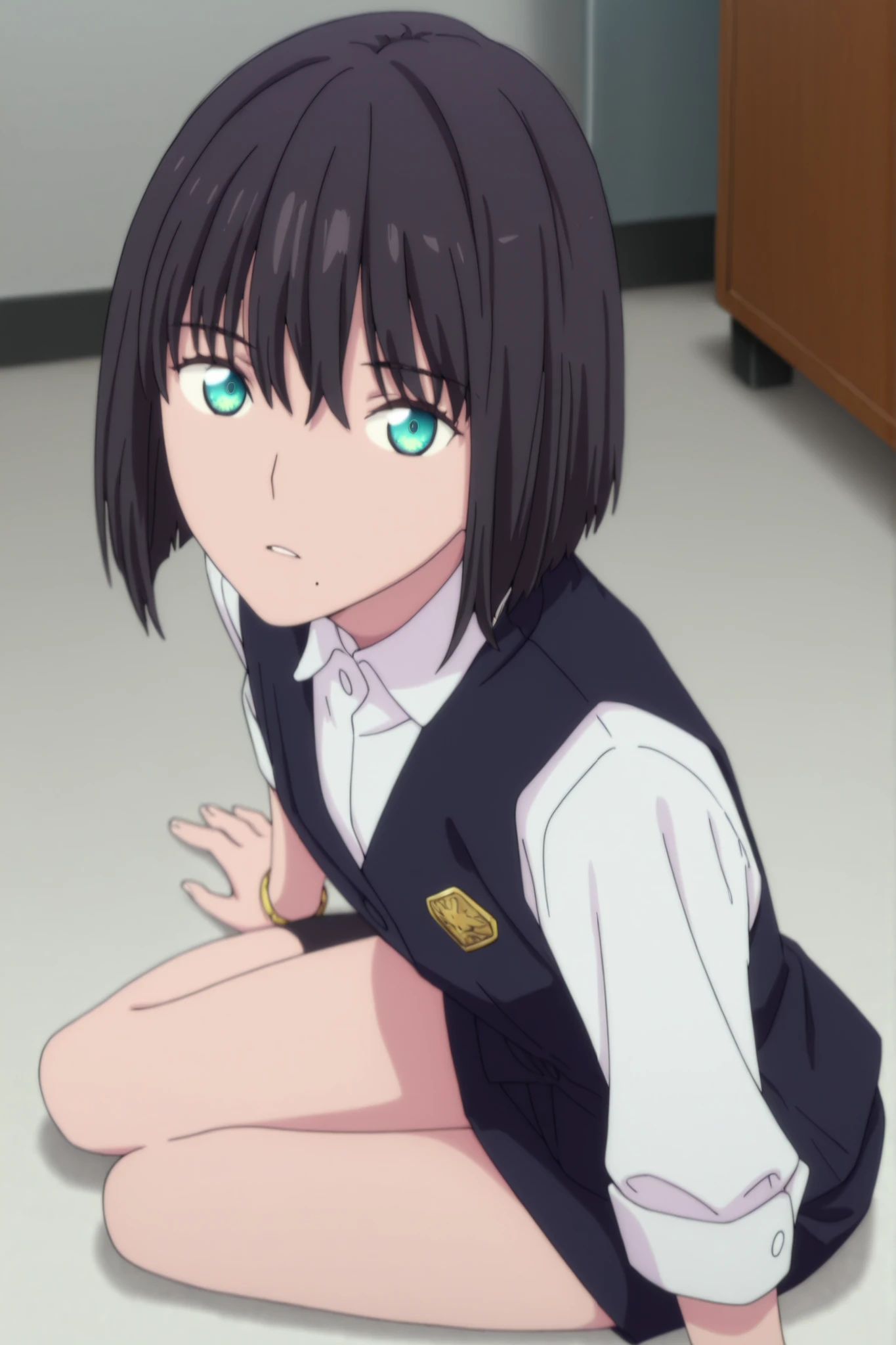 masterpiece, best quality, amazing quality, highres, absurdres, very aesthetic, high resolution, ultra detailed, perfect details, ufotable style, 1girl, solo, indoors, , (detailed background:1.2),from above, (), ,, ((inverted bob)), ((black hair)), bangs, hair between eyes, (green blue eyes),(detailed beutiful eyes), bracelet,(waistcoat),white shirt, (small breasts, flat chest), <lora:Akane_Shinjo_ILXL:0.8>,,   (aged up:1.5),(), looking at viewer, (anime coloring), , pose, expressionless, parted lips,  wrist watch, sitting on floor, yokozuwari, slim body, slender body, slim arms, light skin, one mole, mole under mouth, 