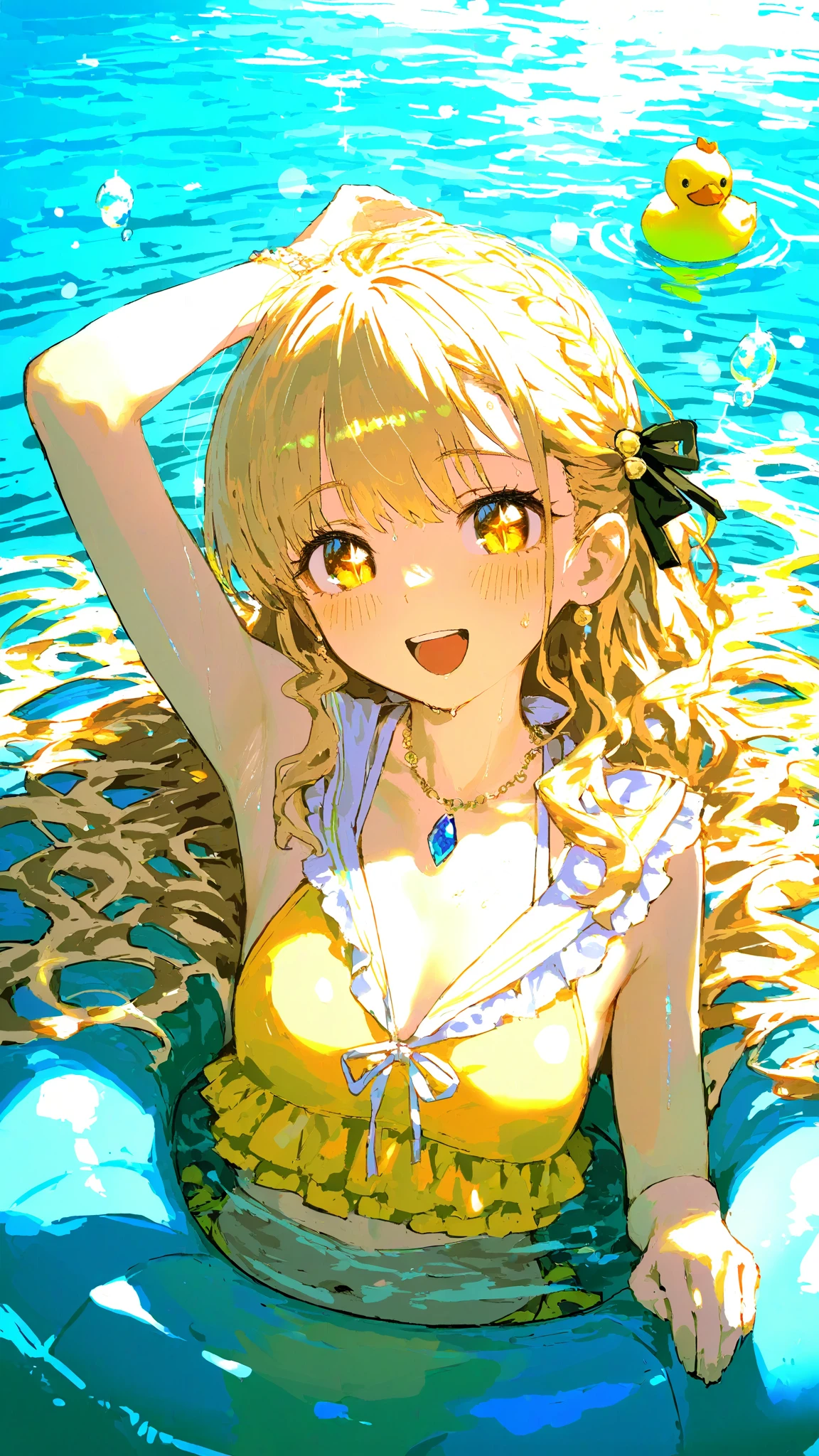 Beach、Beach、Yellow dress、Swimwear、girl、solo、Twin tails、Blonde Hair、