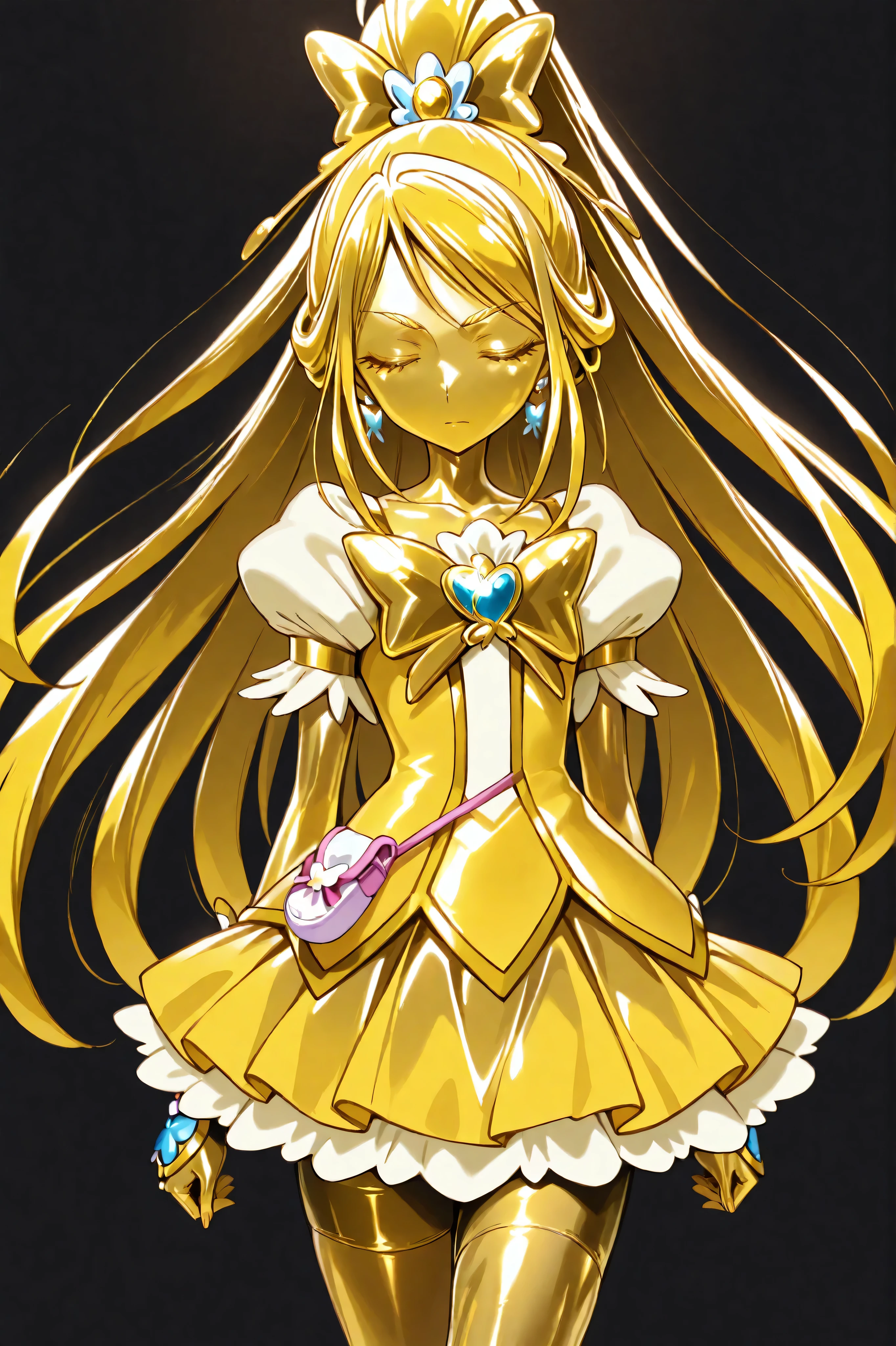 Cure Aqua, masterpiece, Highest Quality, Newest, very high resolution, closed eyes, gold髪, yellow sclera, closed mouth, no student , Yellow skin, shiny skin, gold属の肌, Black eyebrows, Drooping eyebrows, 1girl, solo, cowboy shot from above, standing, dynamic, watch viewers, I'm sleeping, serious expression, Black Background, Place your hands on her hips , wide ponytail, gold_Butterfly Brooch , gold_Shorts, gold_butterfly hair ornaments, long hair, gold_Shorts, ponytail, Magical Girl, gold_skirt, bike Shorts, gold_Shorts under skirt, hair ornaments, gold_gem, high ponytail, Metallic Outfit