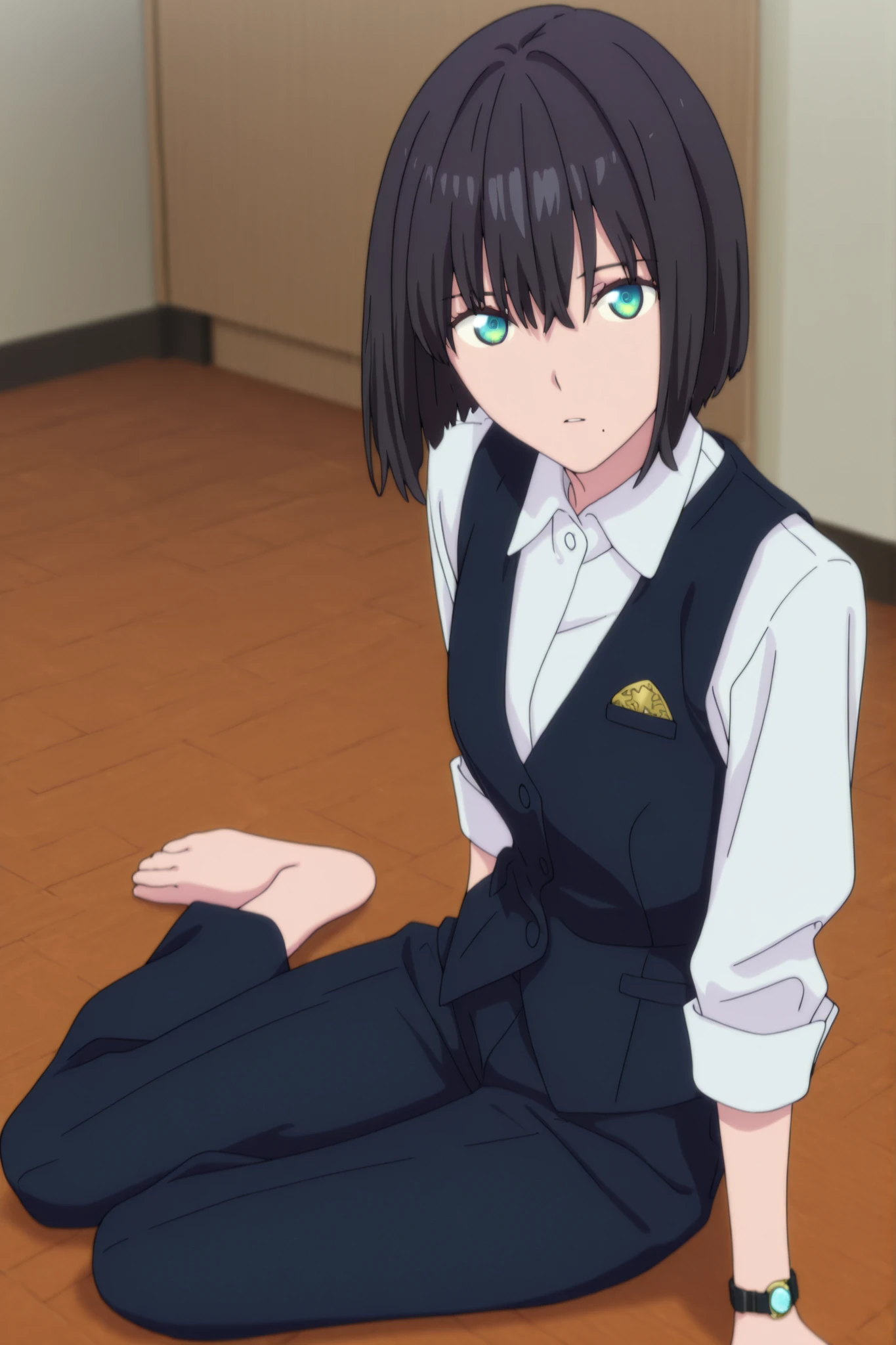 masterpiece, best quality, amazing quality, highres, absurdres, very aesthetic, high resolution, ultra detailed, perfect details, ufotable style, 1girl, solo, indoors, , (detailed background:1.2),from above, (), ,, ((inverted bob)), ((black hair)), bangs, hair between eyes, (green blue eyes),(detailed beutiful eyes), bracelet,(waistcoat),white shirt, long pants, (small breasts, flat chest), <lora:Akane_Shinjo_ILXL:0.8>,,   (aged up:1.5),(), looking at viewer, (anime coloring), , pose, expressionless, parted lips,  wrist watch, sitting on floor, yokozuwari, slim body, slender body, slim arms, light skin, one mole, mole under mouth, 