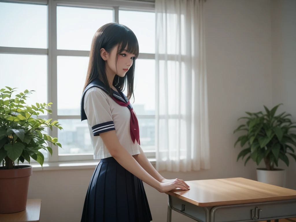 high school girl、classroom、Window seat、Upper Body、Daytime、Sitting with a sullen face、Elbows on the desk、profile