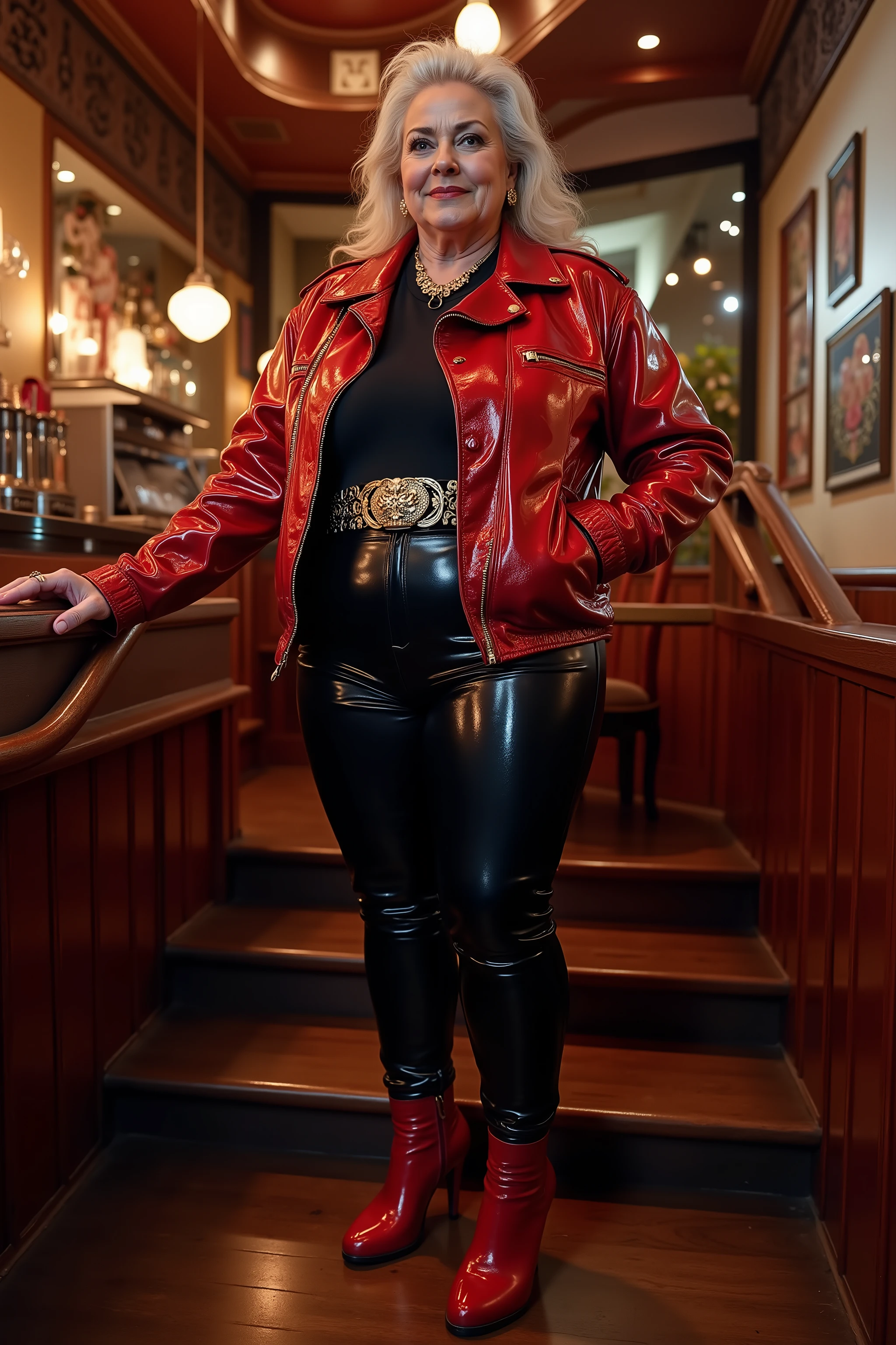 wide angle image, a fat italian 80 year old woman wears a thick leather jacket made of chrome colored leather, wearing black latex jeans, wearing a thick gold chrome belt, wearing red high heel boots, standing on the stairs in an italian pizza restaurant