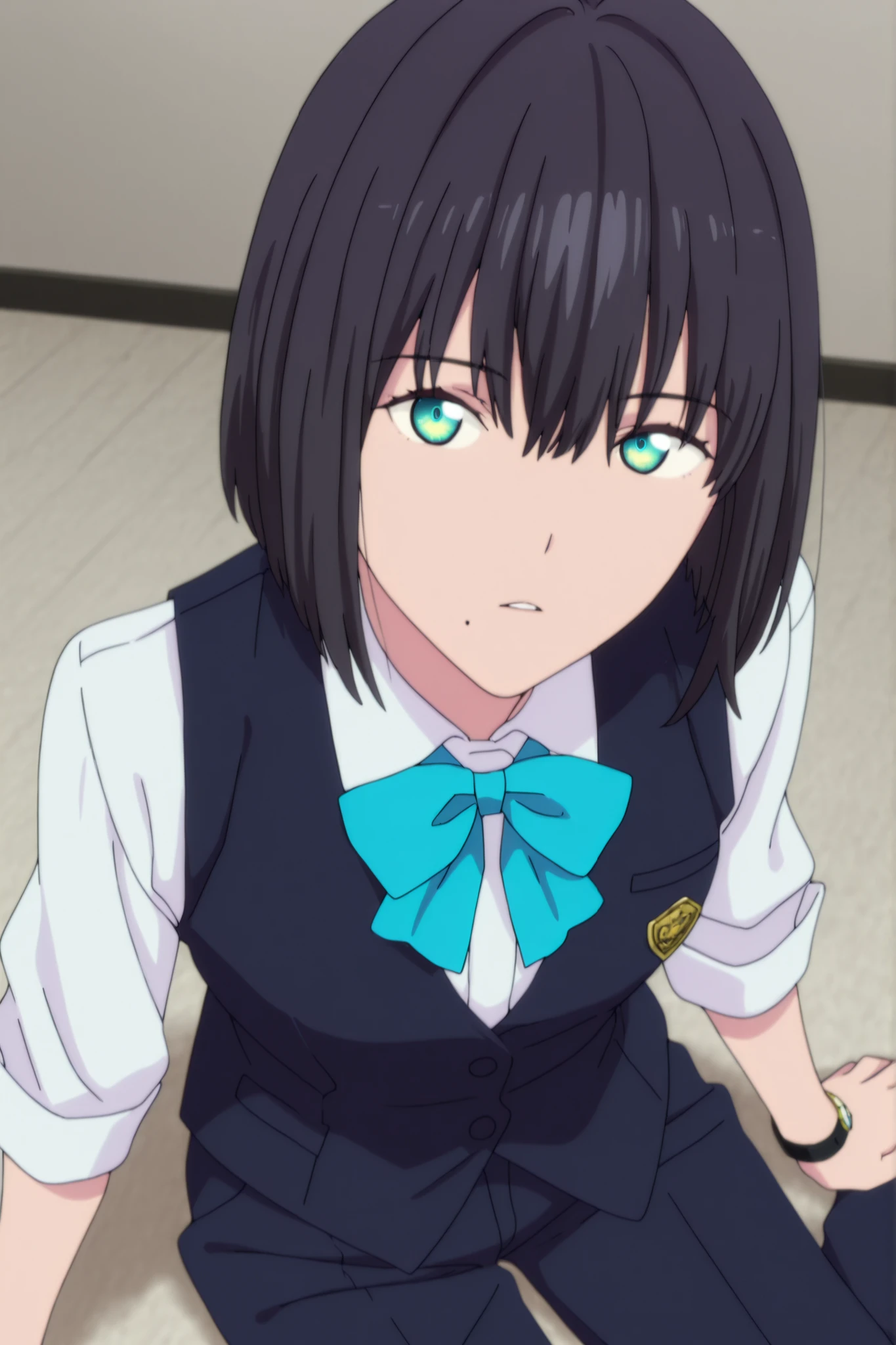 masterpiece, best quality, amazing quality, highres, absurdres, very aesthetic, high resolution, ultra detailed, perfect details, ufotable style, 1girl, solo, indoors, , (detailed background:1.2),from above, (long sideburns), ,, ((inverted bob)), ((black hair)), bangs, hair between eyes, (green blue eyes),(detailed beutiful eyes), bracelet,(waistcoat),white shirt, long pants, (small breasts, flat chest), <lora:Akane_Shinjo_ILXL:0.8>,,   (aged up:1.5),(), looking at viewer, (anime coloring), , pose, expressionless, parted lips,  wrist watch, sitting on floor, yokozuwari, slim body, slender body, slim arms, light skin, one mole, mole under mouth, 