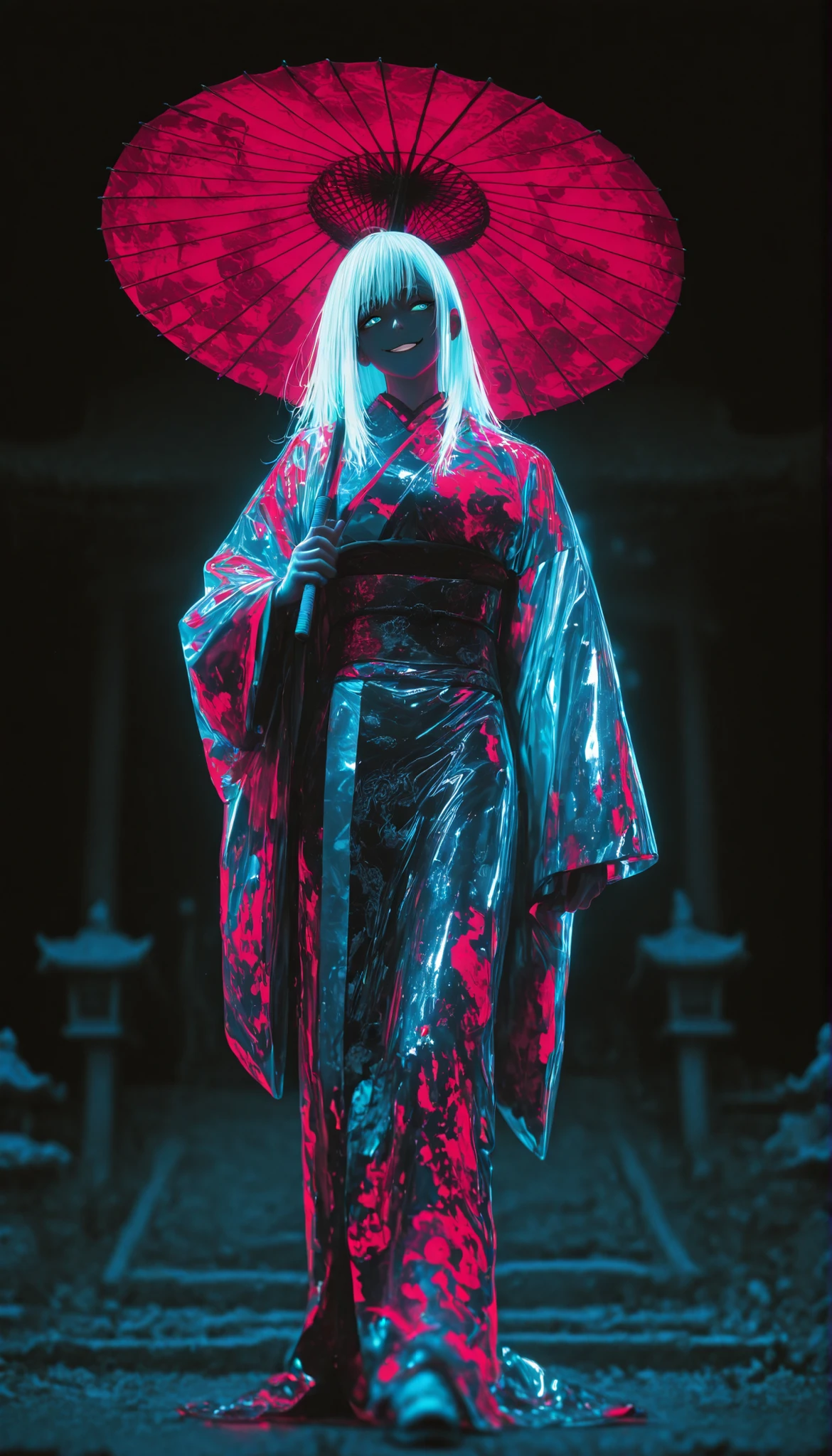 depth of field, high definition image, lots of details, masterpiece,a boy, full body shot , Satoru Gojo from Jujutsu Kaisen,bright blue eyes,red paper umbrella with Chinese engravings, , shiny white hair standing out against the background, Look far away, ironic smile, Japanese temple in the background, limited palette , black background, colorful , lively,Brilliant contours,neon, black light