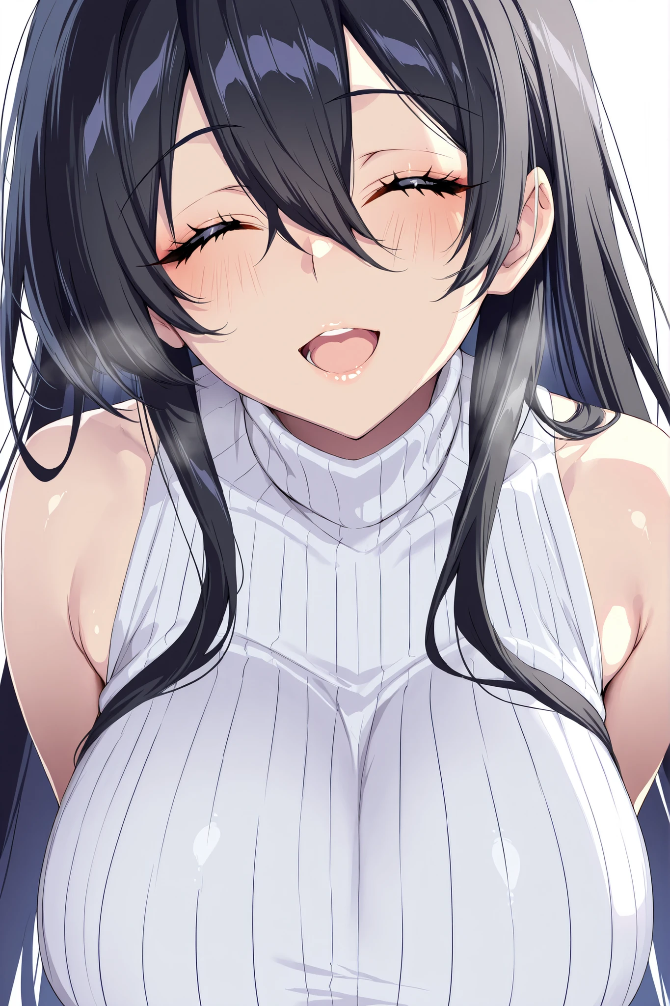 1girl, solo, anime girl, onee-san, masterpiece, mellow expression, slightly open mouth, smile, eye highlight, very long hair, extra long hair, black hair, no hairpin, eyes closed, big breast, white sleeveless turtleneck, half body, looking at viewer, waiting for kiss, moist skin, close up, soft light, simple background, white background, high detail, highres, detailed eyes, perfect composition, intricate details, detailed and polished anime style, 4K, 8K, puu no puupuupuu, puuzaki puuna.