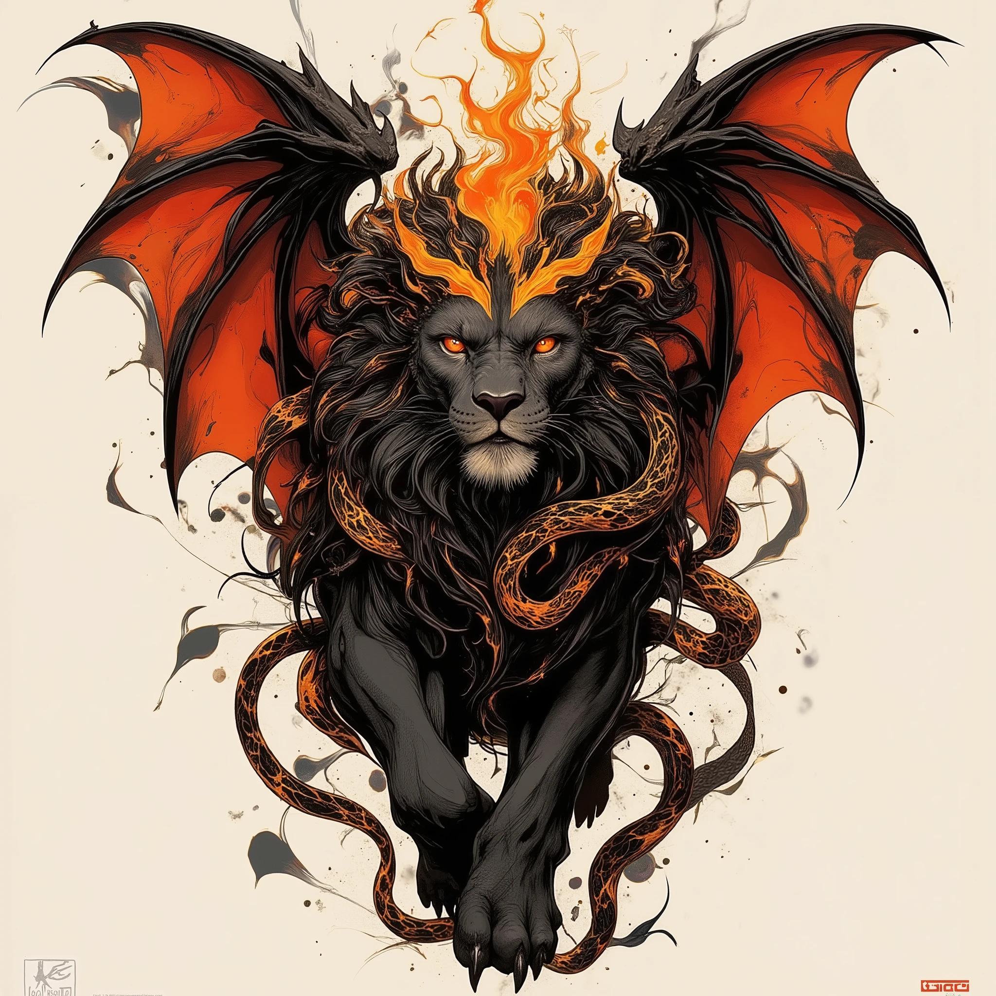 a stylized tattoo in black, orange and red, a black lion with a snake instead of a tail, flames instead of a mane and black and red large bat wings (similar to a manticore)