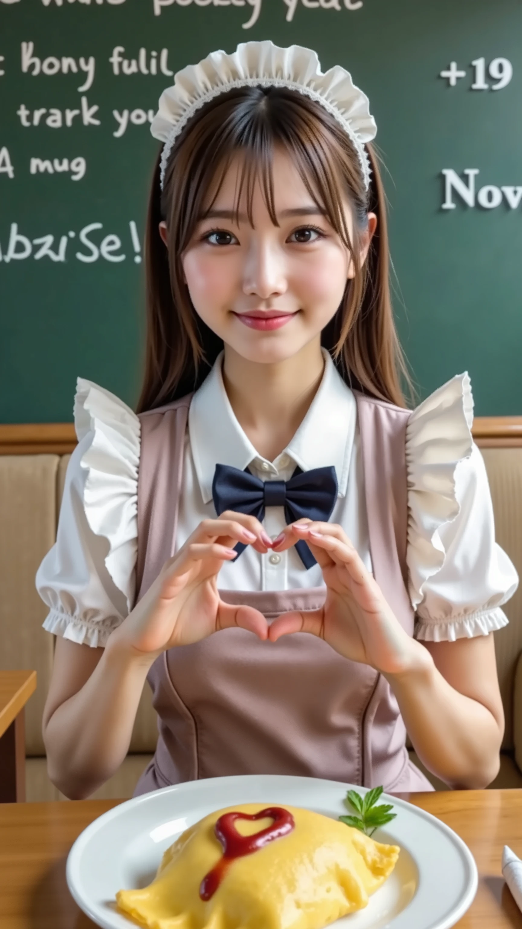 (Arafe Asian girl in maid uniform making hearts with her hands), cute high school girl, Japanese high school girl uniform, Japanese uniform, wearing Japanese uniform, seifuku, Japanese Maid Cafe, BIG BREASTS, JK uniform, surreal high school girl, Young cute model face, Cute Core, Chiho, (homemade omelette, ketchup with heart symbol)