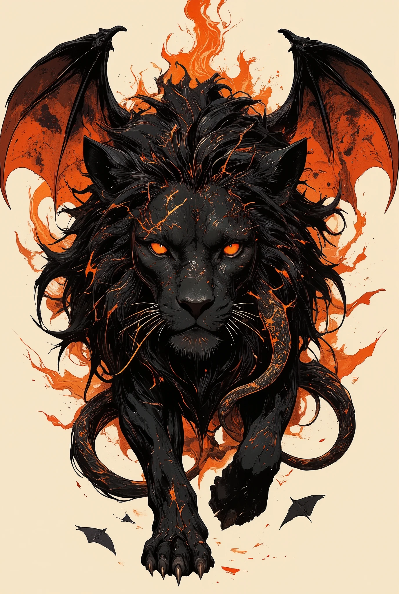 a stylized tattoo in black, orange and red, a black lion with a snake instead of a tail, flames instead of a mane and black and red large bat wings (similar to a manticore)