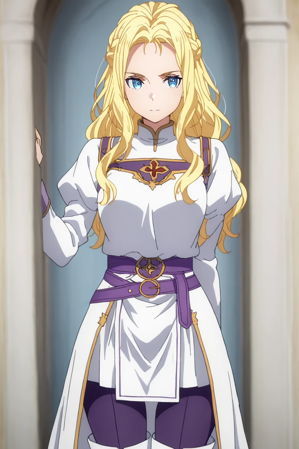 1girl ,20s,light blonde hair,short hair,(yae miko hair style),white high heels,white pantyhose,pointy ears,church, stained glass, in a glowing dress, fantastical, illuminated, serene, majestic, colorful, reflective, ethereal, spiritual, tranquil, vibrant, intricate, patterned, ornate, mystical, elegant, shimmering, radiant, graceful, peaceful, historic, sacred, artistic, dreamy, whimsical, solemn, enchanting, divine,white Veil, holding a crucifix with both hands