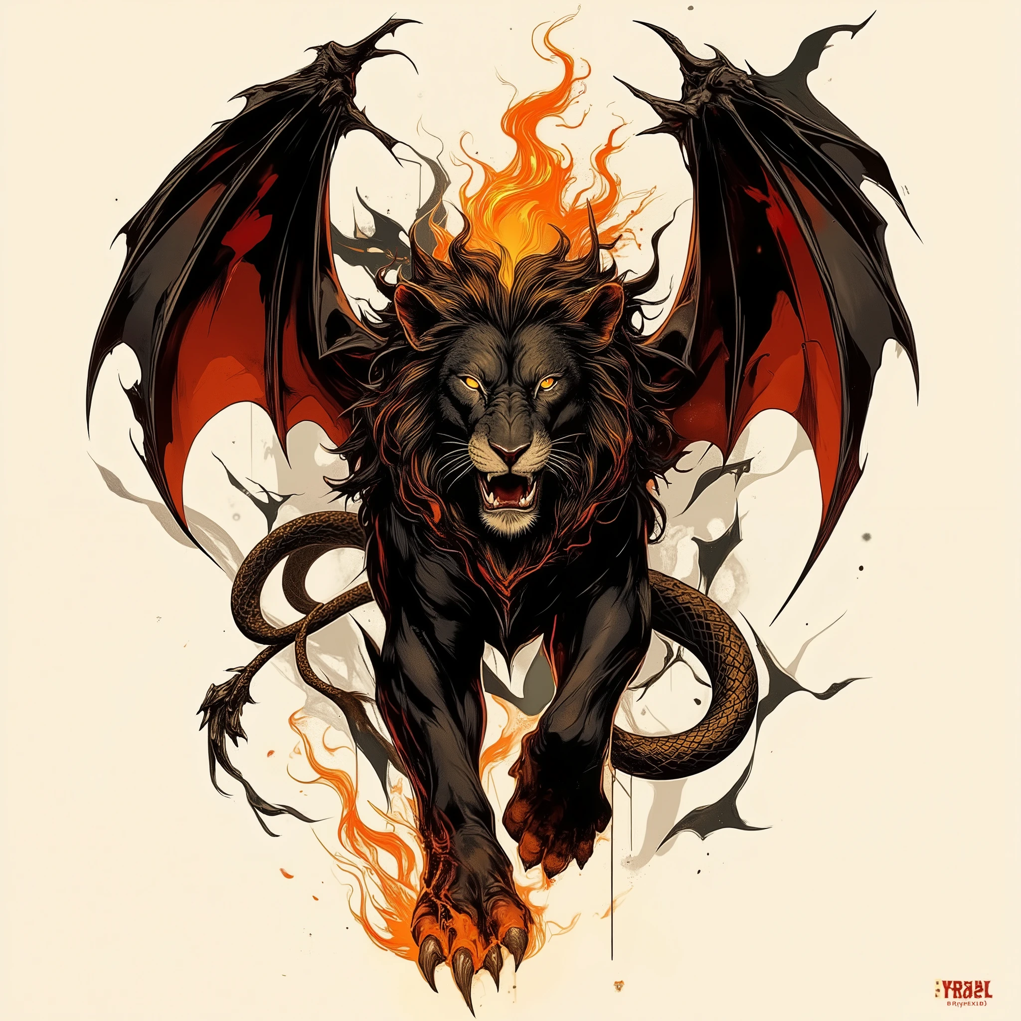 a stylized tattoo in black, orange and red, a black lion with a snake instead of a tail, flames instead of a mane and black and red large bat wings (similar to a manticore)