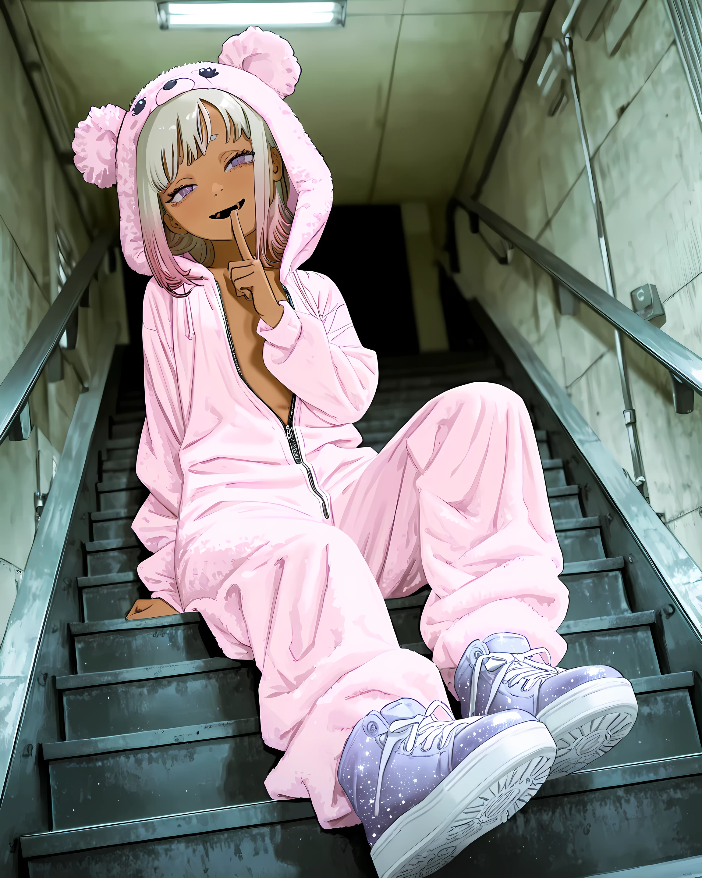 fujimoto,((FujimotoMangaStyle)), ((Fujimoto Tatsuki style)), ((Masterpiece)), ((best quality, amazing quality)), ((very aesthetic, absurdres, newest)), ((detailed background, negative space, blurry background, depth of field, Asymmetrical background)), (dynamic angle, wide shot, from below), ((1girl)), Cute young Girl, (Healthy Gaunt body, Textured skin, small breast, tilt head), ((brown-skin)), Glossy hair, (Asymmetrical bangs, long side bangs), (medium hair, platinum-gold hair, unruly hair, gradient hair), ((seductive smile, open mouth)), skin fang, (pale purple eyes, glitter eyes, gradient eyes, averting eyes, looking at side), big eyes, (short eyebrows), glossy lips, pouty lips, (lower eyelashes), under-eye bags, BREAK, ((Cute fluffy onesie, fuzzy onesie, foamy onesie, slightly unzipped onesie, Pastel-colored onesie)), (Thick-soled Sneakers, showing sole of Sneaker), Beautiful neckline, (shushing), (loose sitting on the external staircase of condominium, outstreched leg), under the fluorescent lamp, aged condominium, indoor, aged stairs, aged Handrail,