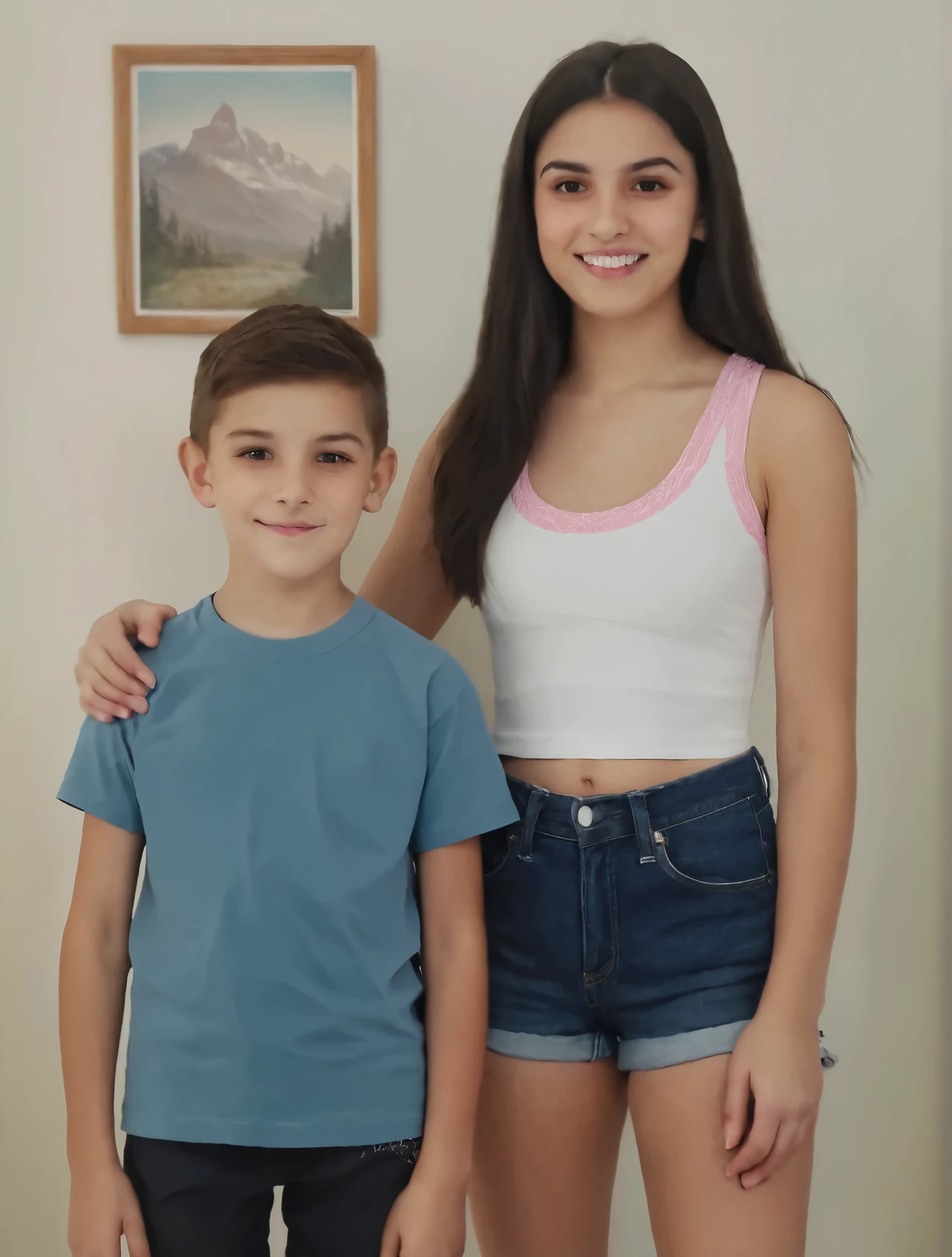 A photorealistic studio-style portrait of two siblings indoors against a light-colored wall with a framed mountain painting. The younger boy, around 10 years old, has short brown hair, fair skin, and is wearing a light blue T-shirt and dark shorts, smiling naturally. The older girl, around 18 years old, has long straight dark hair, fair skin, and is wearing a white sleeveless crop top with pink trim and high-waisted denim shorts. She has her arm gently around his shoulders. Both are smiling happily, sharp focus, natural lighting, high detail, realistic proportions.,analog style,8k,photoralistic