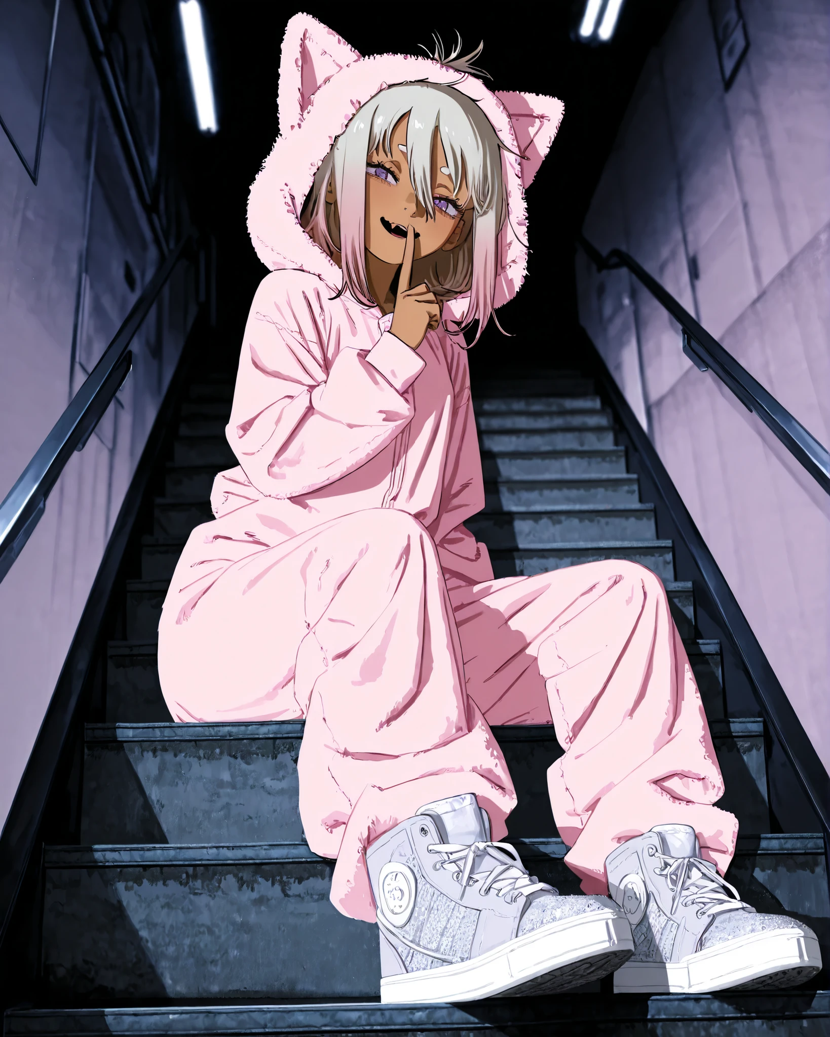 fujimoto,((FujimotoMangaStyle)), ((Fujimoto Tatsuki style)), ((Masterpiece)), ((best quality, amazing quality)), ((very aesthetic, absurdres, newest)), ((detailed background, negative space, blurry background, depth of field, Asymmetrical background)), (dynamic angle, wide shot, from below), ((1girl)), Cute young Girl, (Healthy Gaunt body, Textured skin, small breast, tilt head), ((brown-skin)), Glossy hair, (hair between eyes, long bangs, long side bangs), (medium hair, platinum-gold hair, unruly hair, gradient hair), ((seductive smile, open mouth)), skin fang, (pale purple eyes, glitter eyes, gradient eyes, averting eyes, looking at side), big eyes, (short eyebrows), glossy lips, pouty lips, (lower eyelashes), under-eye bags, BREAK, ((Cute fluffy onesie, fuzzy onesie, foamy onesie, Kitten Costume onesie, Pastel-colored onesie)), (Thick-soled Sneakers, showing sole of Sneaker), Beautiful neckline, (shushing), (loose sitting on the external staircase of condominium, outstreched leg), under the fluorescent lamp, aged condominium, indoor, aged stairs, aged Handrail,