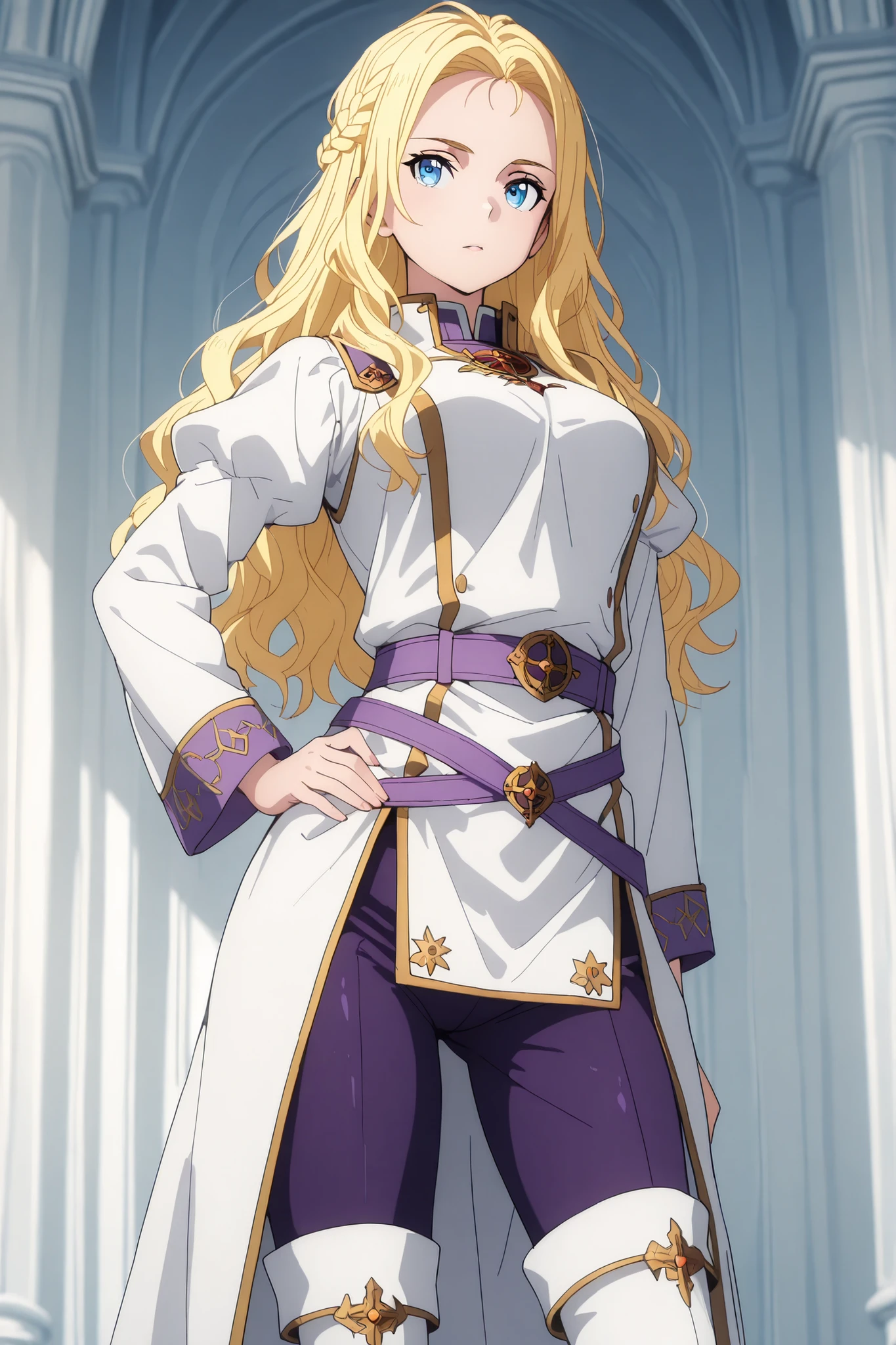 solo, ushio kofune, long hair, wavy hair, blond hair, braid, blue eyes, in a castle, rpg style, medieval princess, white medieval tunic, white top, white thigh boots, purple tight pants, purple belt, outfit with gold trim, fantasy style, perfect eyes, perfect body, in a castle, seductive, very beautiful, standing, one hand on hip