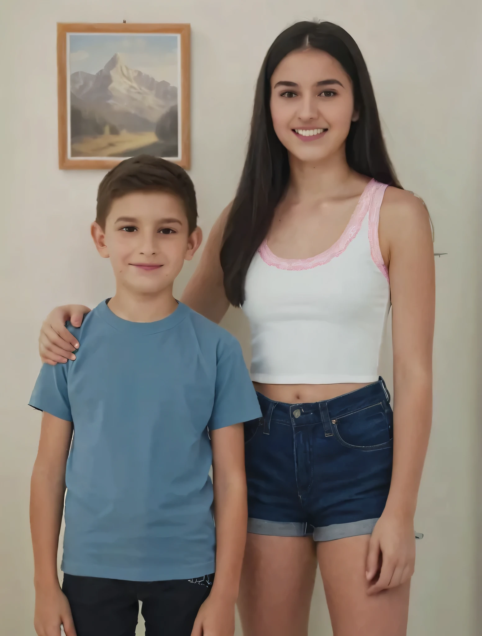 A photorealistic studio-style portrait of two siblings indoors against a light-colored wall with a framed mountain painting. The younger boy, around 10 years old, has short brown hair, fair skin, and is wearing a light blue T-shirt and dark shorts, smiling naturally. The older girl, around 18 years old, has long straight dark hair, fair skin, and is wearing a white sleeveless crop top with pink trim and high-waisted denim shorts. She has her arm gently around his shoulders. Both are smiling happily, sharp focus, natural lighting, high detail, realistic proportions.,analog style,8k,photoralistic