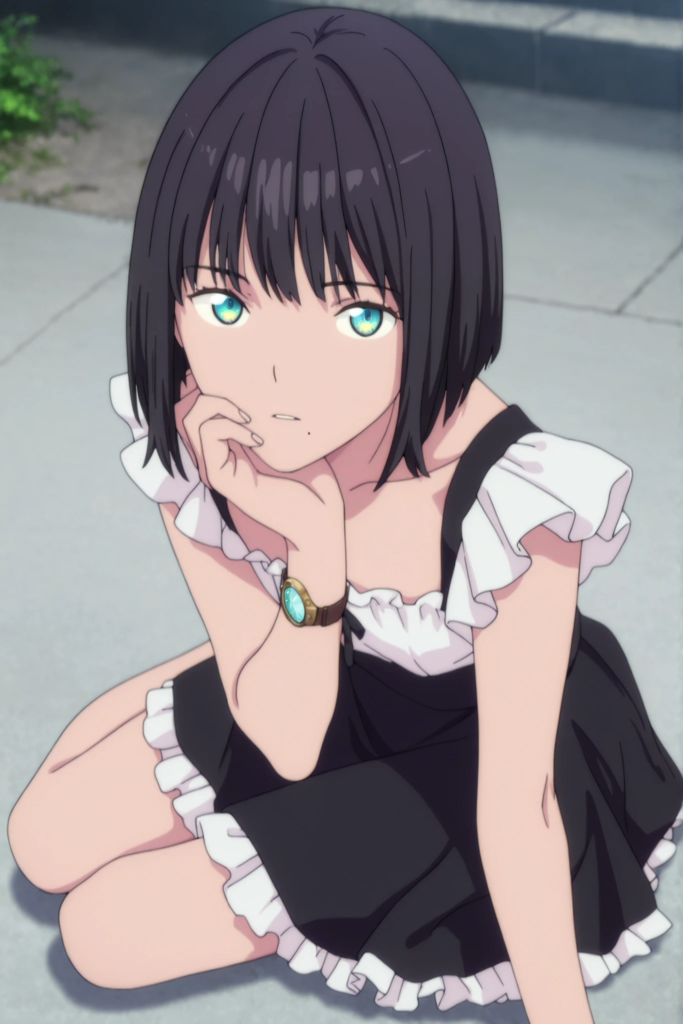 masterpiece, best quality, amazing quality, highres, absurdres, very aesthetic, high resolution, ultra detailed, perfect details, ufotable style, 1girl, solo, outdoors, , (detailed background:1.2),from above, (long sideburns), (flipped hair), ((inverted bob)), ((black hair)), bangs,  medium hair, (green blue eyes),(detailed beutiful eyes), bracelet,(maid clothing), skirt, (small breasts, flat chest), <lora:Akane_Shinjo_ILXL:0.8>,, ((aged up:1.5)),(), looking at viewer, (anime coloring), , pose, expressionless, parted lips,  wrist watch, sitting on floor, yokozuwari, slim body, slender body, slim arms, light skin, one mole, mole under mouth, 