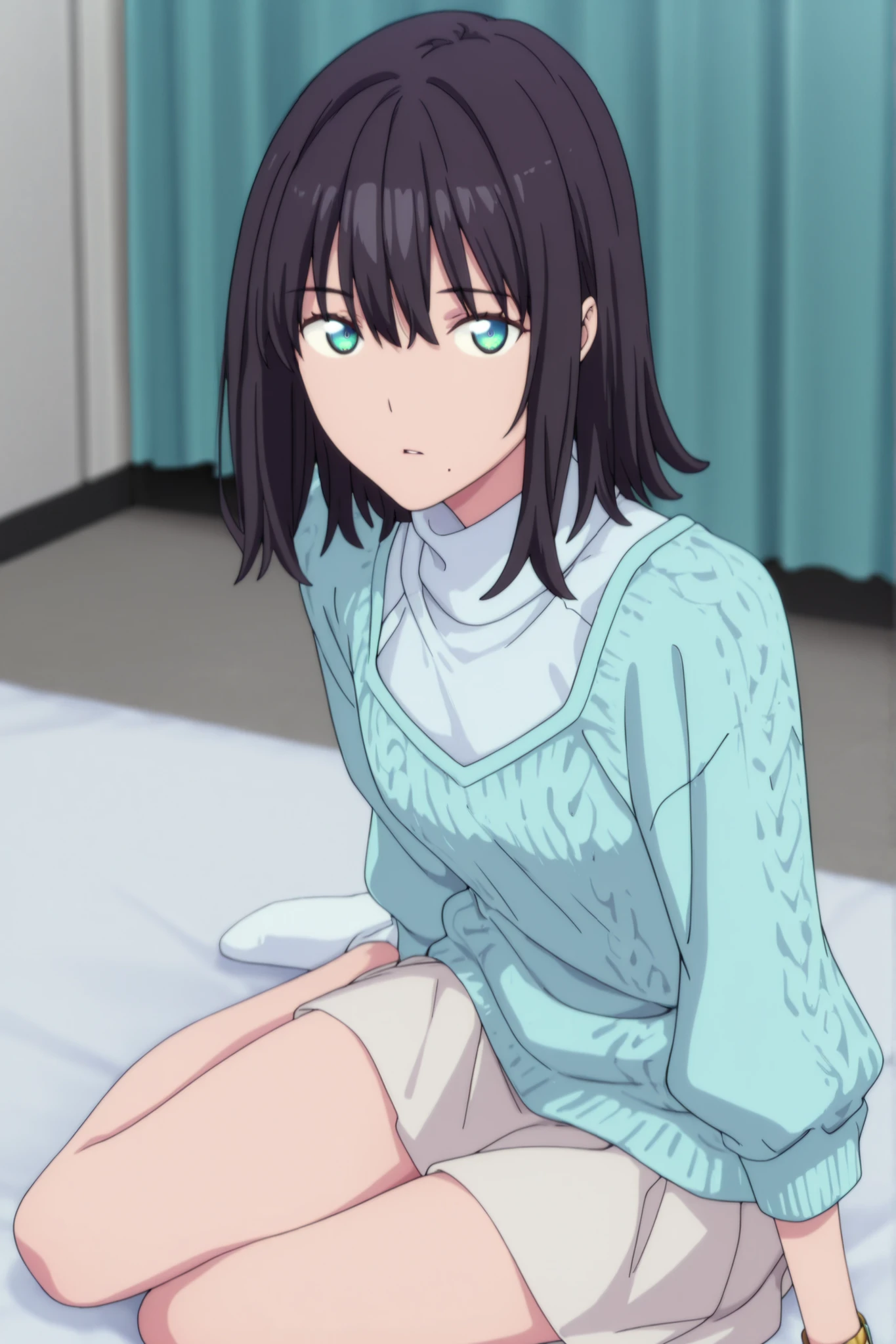 masterpiece, best quality, amazing quality, highres, absurdres, very aesthetic, high resolution, ultra detailed, perfect details, ufotable style, 1girl, solo, indoors, , (detailed background:1.2),from above, (long sidelocks), ,, ((medium hair, flipped hair)), ((black hair)), bangs, hair between eyes, (green blue eyes),(detailed beutiful eyes), bracelet,(black turtleneck knit, arran knit),long sleeve, loose fit knit, pale skirt, long thighs, (small breasts, flat chest), <lora:Akane_Shinjo_ILXL:0.8>,,   (aged up:1.5),(), looking at viewer, (anime coloring), , pose, expressionless, parted lips,  wrist watch, sitting, yokozuwari, slim body, slender body, slim arms, light skin, one mole, mole under mouth, 
