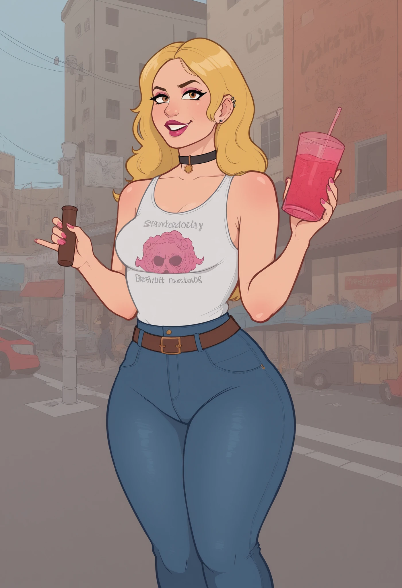 Francine Smith, looking at viewer, pink lipstick, choker, Blonde hair, small breasts, huge hips. long hair.| A photorealistic image of a alternative woman standing outside a gritty underground gig venue named "Rock City" at night. tousled and slightly damp from dancing. Her heavily tattooed arms are bare beneath a black mesh long-sleeve top, layered under a distressed band tee cut into a crop. She wears high-waisted ripped black jeans tucked into chunky combat boots, chains hanging from her belt loops. Multiple piercings—septum, eyebrow, and ears stacked with silver hoops—glint under the amber glow of a flickering streetlamp. She’s mid-laugh, holding a shot glass of Jägermeister, eyeliner slightly smudged, dark lipstick faded but still striking. Around her, other alternative friends gather—smoking, laughing, someone tuning a guitar off to the side. The venue wall is covered in graffiti and old posters. Shot on a full-frame camera, 35mm lens at f/1.8 for urban intimacy. The lighting is low, mostly sodium streetlight and the venue’s neon sign—creating moody contrast and electric energy. The vibe is raw, confident, and unapologetically her.