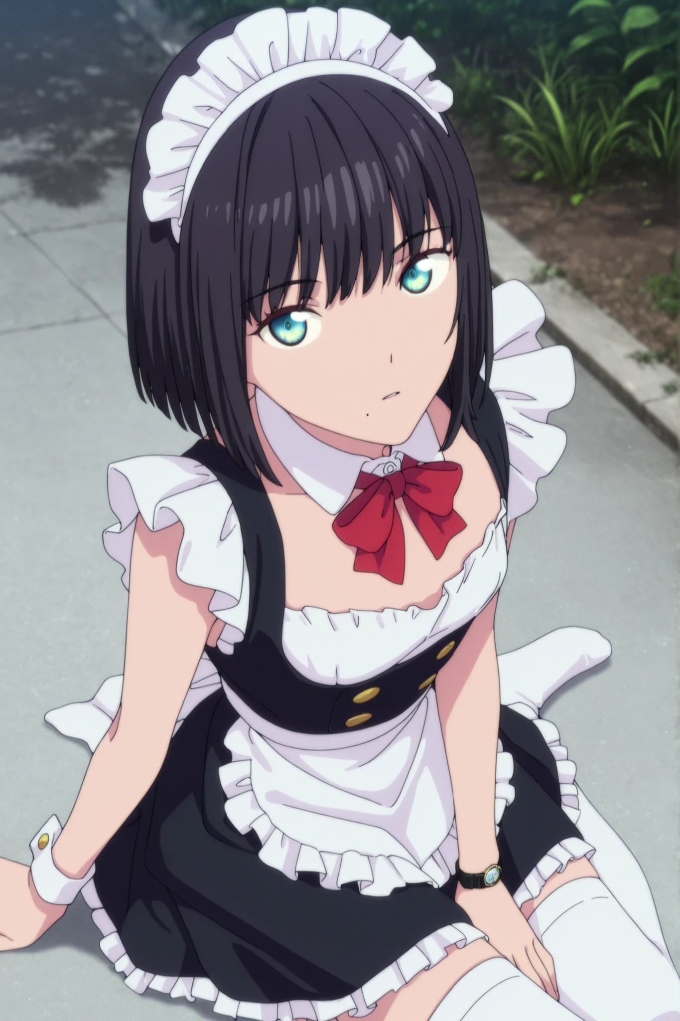 masterpiece, best quality, amazing quality, highres, absurdres, very aesthetic, high resolution, ultra detailed, perfect details, ufotable style, 1girl, solo, outdoors, , (detailed background:1.2),from above, (long sideburns), (flipped hair), ((inverted bob)), ((black hair)), bangs,  medium hair, (green blue eyes),(detailed beutiful eyes), bracelet,(maid clothing), skirt,  white thighhighs,(small breasts, flat chest), <lora:Akane_Shinjo_ILXL:0.8>,, ((aged up:1.5)),(), looking at viewer, (anime coloring), , pose, expressionless, parted lips,  wrist watch, sitting on floor, yokozuwari, slim body, slender body, slim arms, light skin, one mole, mole under mouth, 